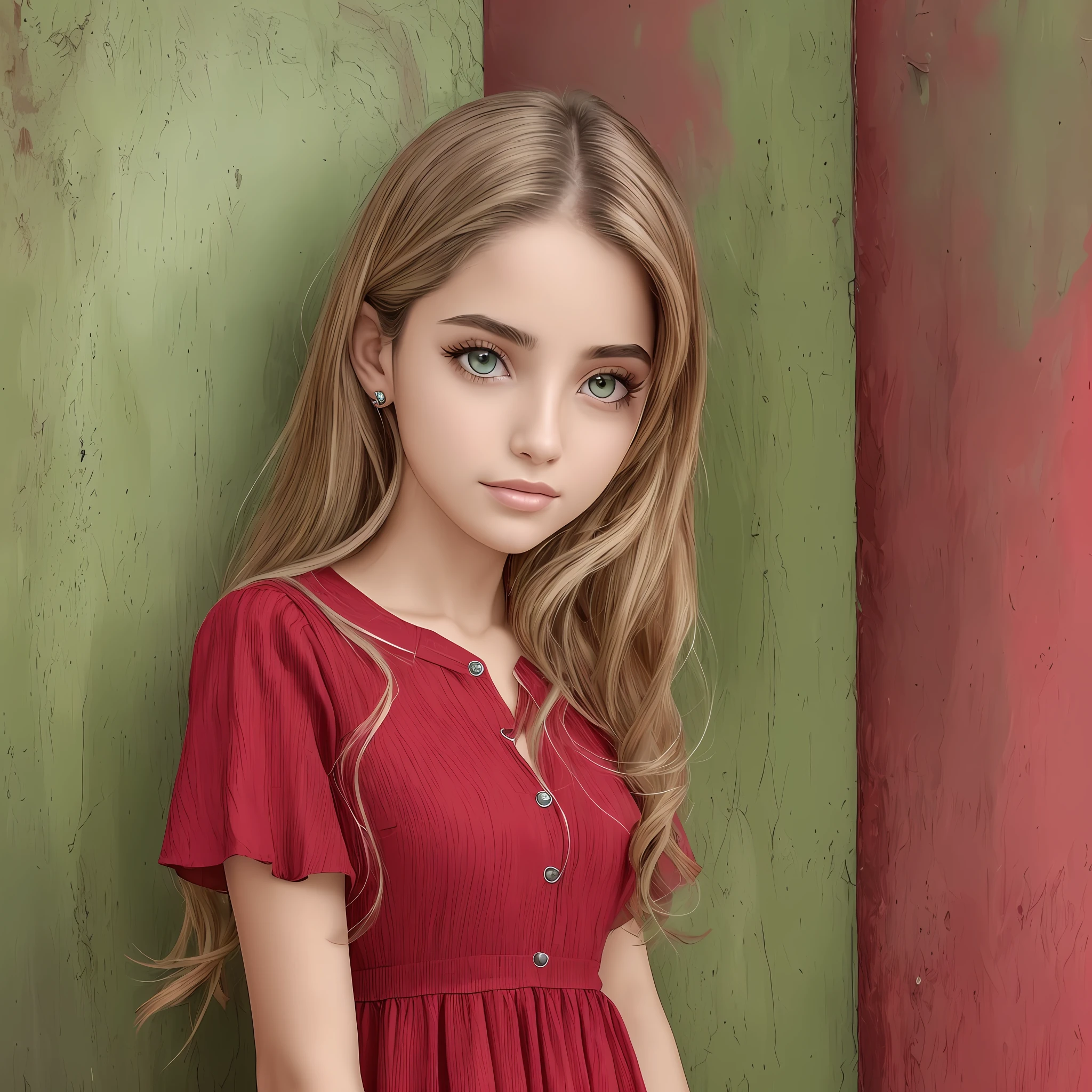 Beautiful, girl, green eyes, red dress, realistic, detailed --auto