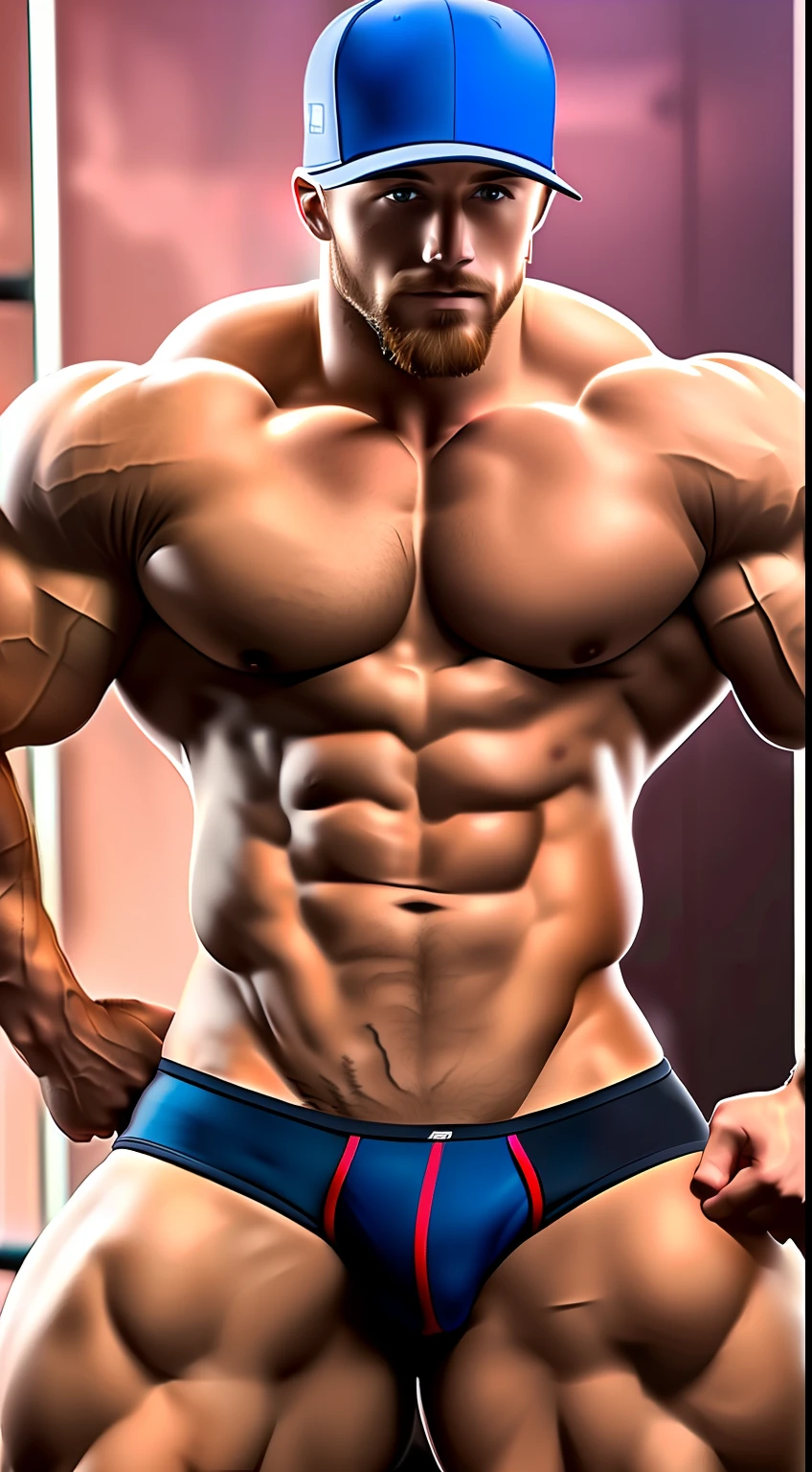 instagram photo gyrmat (resembles Zach Savoie) in a thong posing (pro style, simple, single color bodybuilder's thong) for a picture, reddit, photorealism, gymrat, super buff and cool, baseball cap, show off, physique, masterpiece, HDR, proud looking