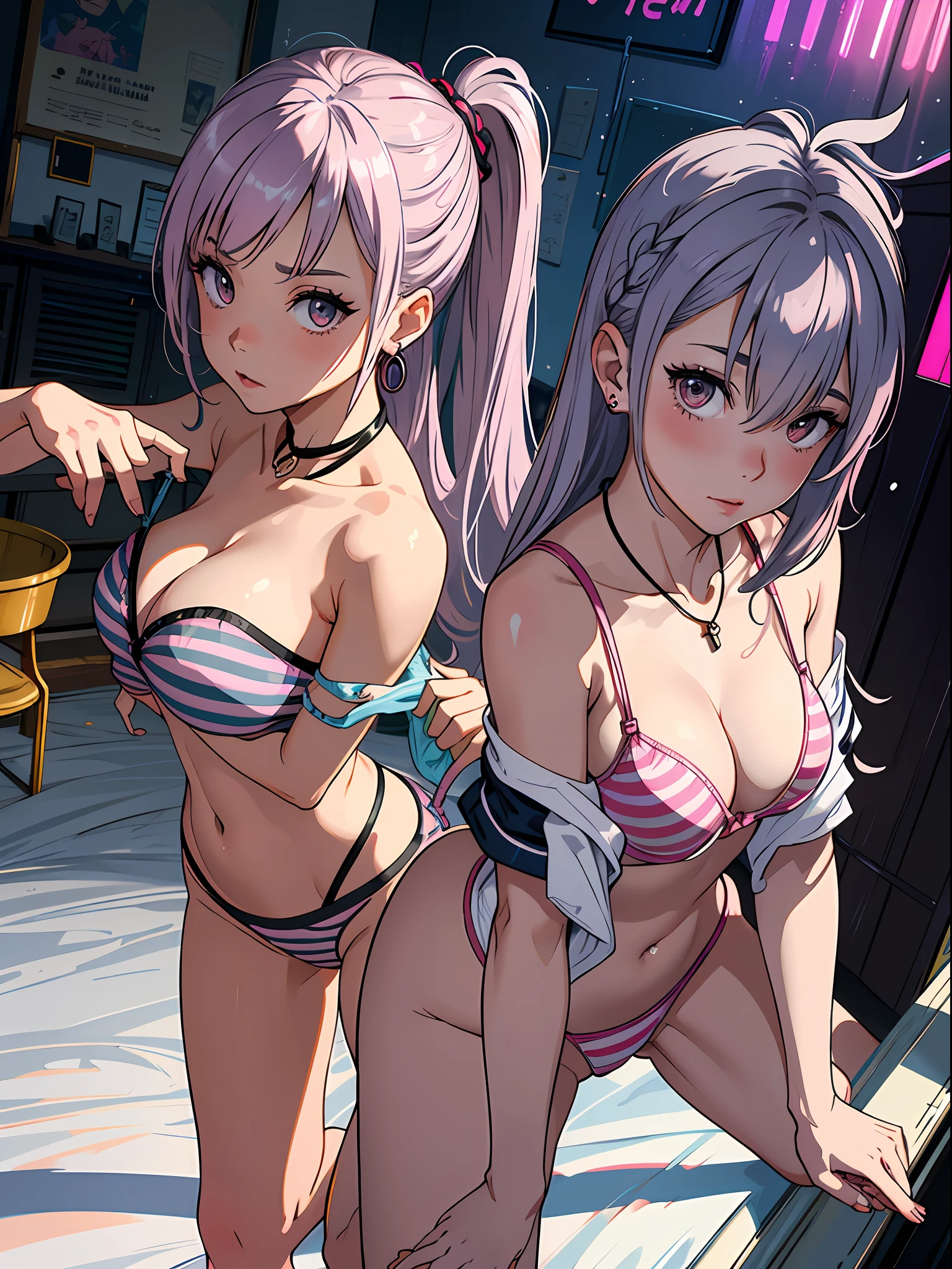 (butt), (bedroom), (sexy girl), masterpiece, best quality, full body, 1girl, bangs, blush, breasts, collarbones, ear piercings, eyebrows visible through hair, (gradient gray-pink hair), jewelry, long hair, looking at the viewer, piercings, (half-naked), (striped underwear), (bra), (panties), bright eyes, ring, (solo), illustration, fashionable, woman, posing, background, elements, confident, expression, holding, accessory, majestic, rolled, around,  touch, attention-grabbing scene, larger, focus, dynamic pose