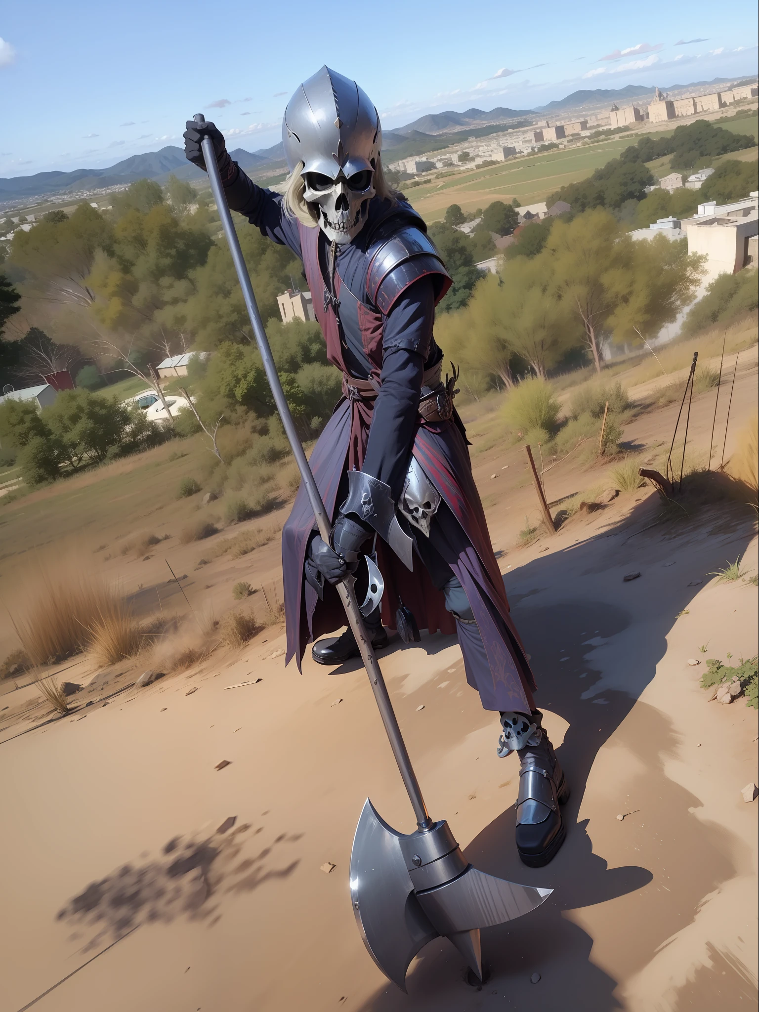 Anime Knight with skull helmo, medieval fantasy, holding a large 4k axe