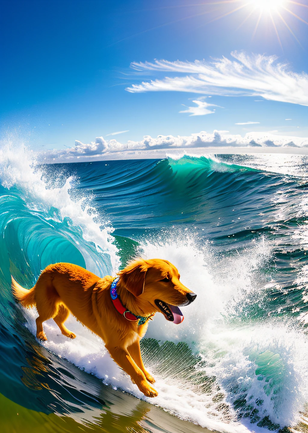 Extreme sports photography, surfing, is sliding along huge waves, thrilling tension, selfie medium shot, half body shot, golden retriever dog, golden retriever, sea, waves, ocean, foam in background, high texture, realistic effect