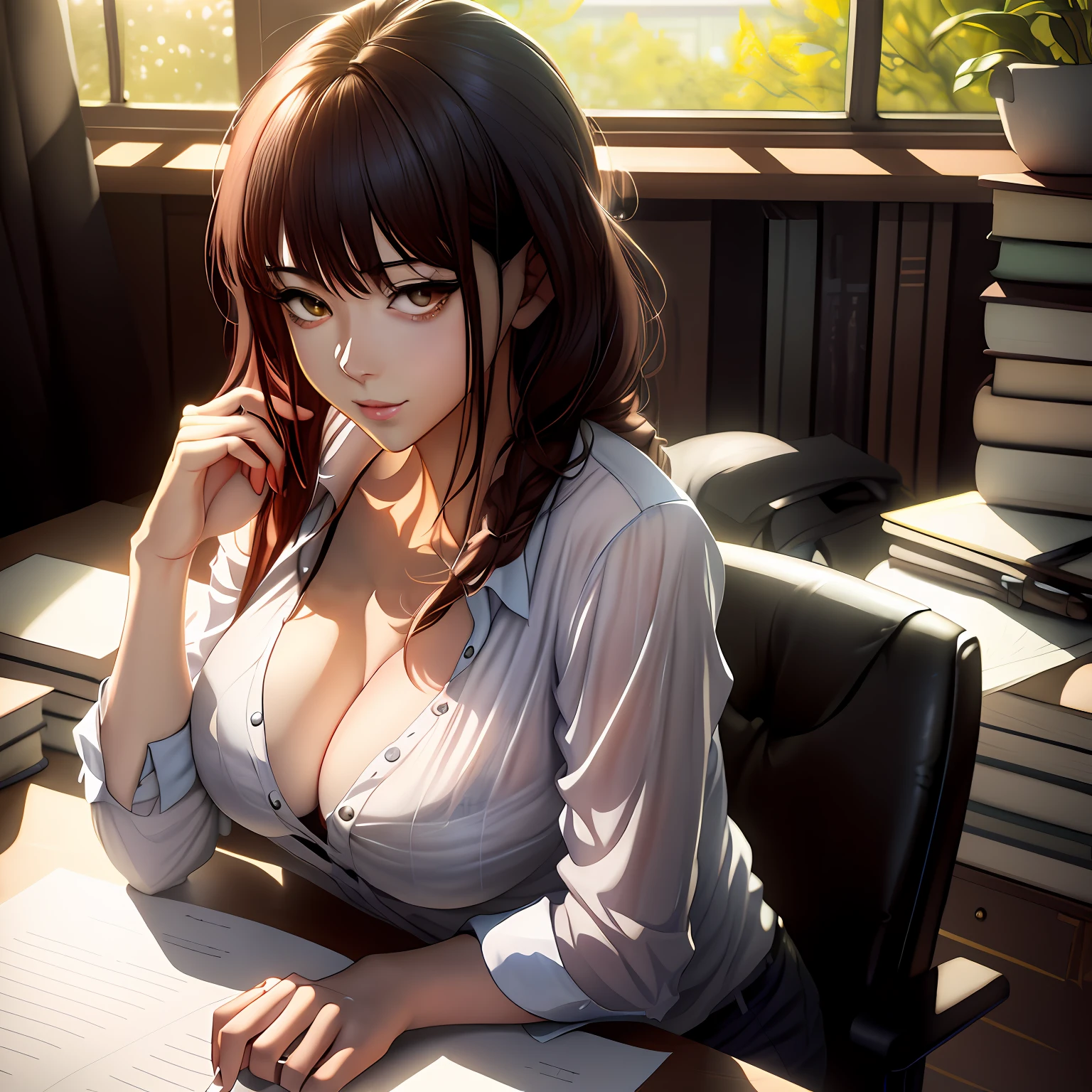 anime girl sitting at a desk with a cell phone in her hand, seductive anime girl, photorealistic anime girl render, smooth anime cg art, hyperrealistic schoolgirl, beautiful alluring anime woman, attractive anime girl, digital anime art, a hyperrealistic schoolgirl, digital anime illustration, realistic anime artstyle, artgerm. anime illustration, realistic schoolgirl