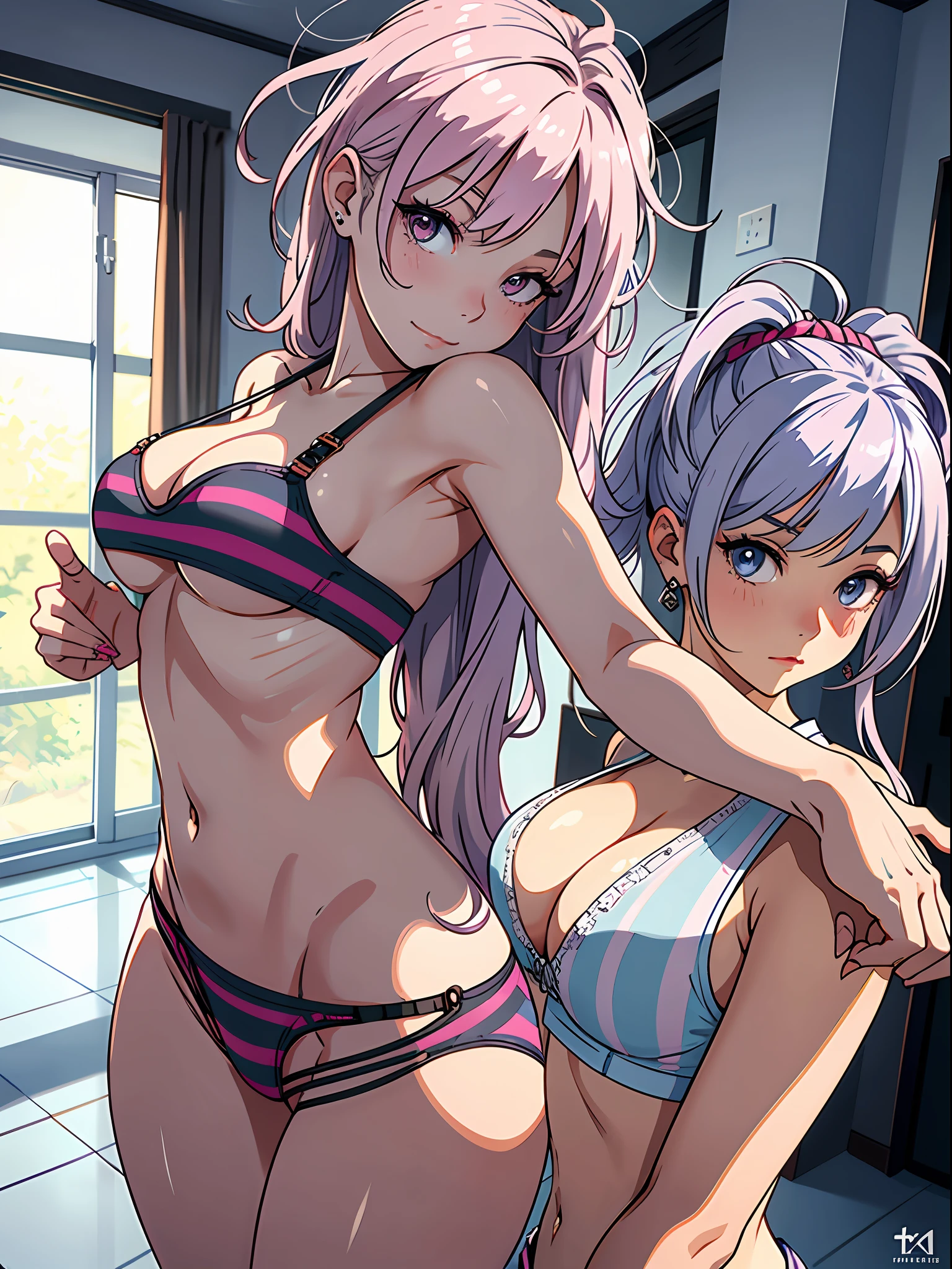 (butt), (bedroom), (sexy girl), masterpiece, best quality, full body, 1girl, bangs, blush, breasts, collarbones, ear piercings, eyebrows visible through hair, (gradient gray-pink hair), jewelry, long hair, looking at the viewer, piercings, (half-naked), (striped underwear), (bra), (panties), bright eyes, ring, (solo), illustration, fashionable, woman, posing, background, elements, confident, expression, holding, accessory, majestic, rolled, around, touch, attention-grabbing scene, larger, focus, dynamic pose