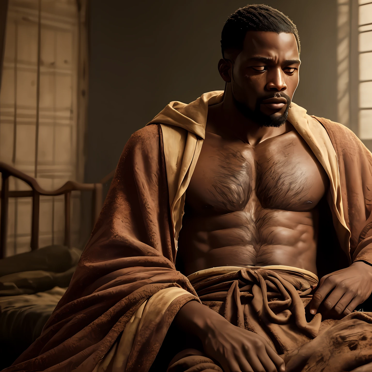 BLACK AFRICAN MAN , WITH WORN-OUT ROBES, BLEEDING, TIRED, WITH WRISTS TIED, HIPERREALISTIC, CINEMATIC --auto