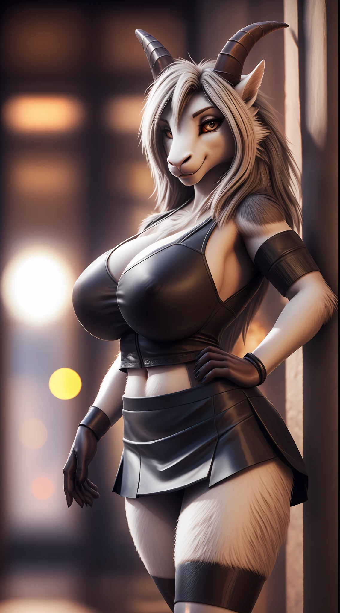 Sexy female goat, cute face, curved horns, wearing mini skirt, fıt body, large breasts, standing, high detail, backlighting, ray tracing, depth of field, close-up, bokeh, Canon, UHD, high details, anatomically correct, super detail, 8k, best quality, full body should be shown