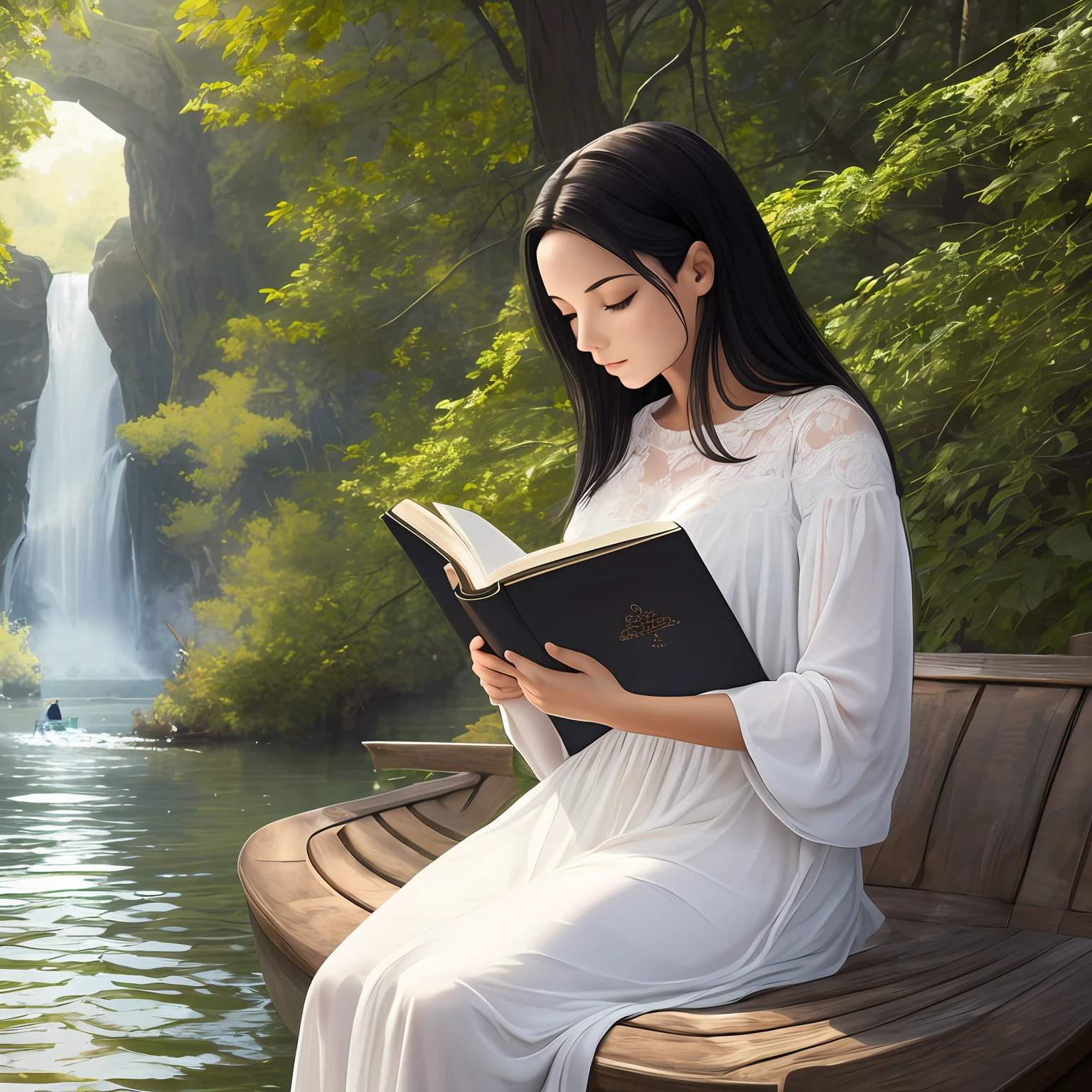 Beautiful white woman with black hair reading a Holy Bible with beautiful, sitting on a boat on the river, realistic photo in high resolution 4k
