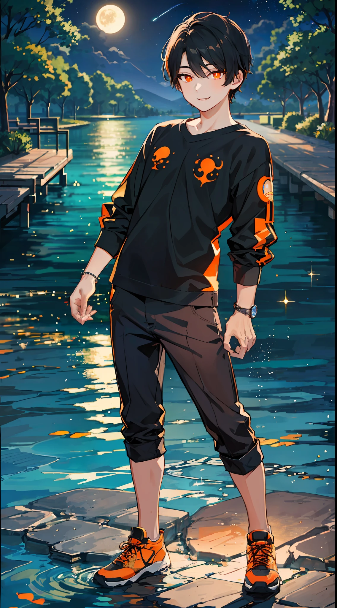 masterpiece, UHD, black hair, shapely, (1boy:2.0), orange street wear, detailed face, (beautiful and detailed orange glowing eyes:1.4), front shot, from bellow, smiling, full body, lake background, crystal clear water, glow water, park, night, glow orange, clear sky, moon, starfall,