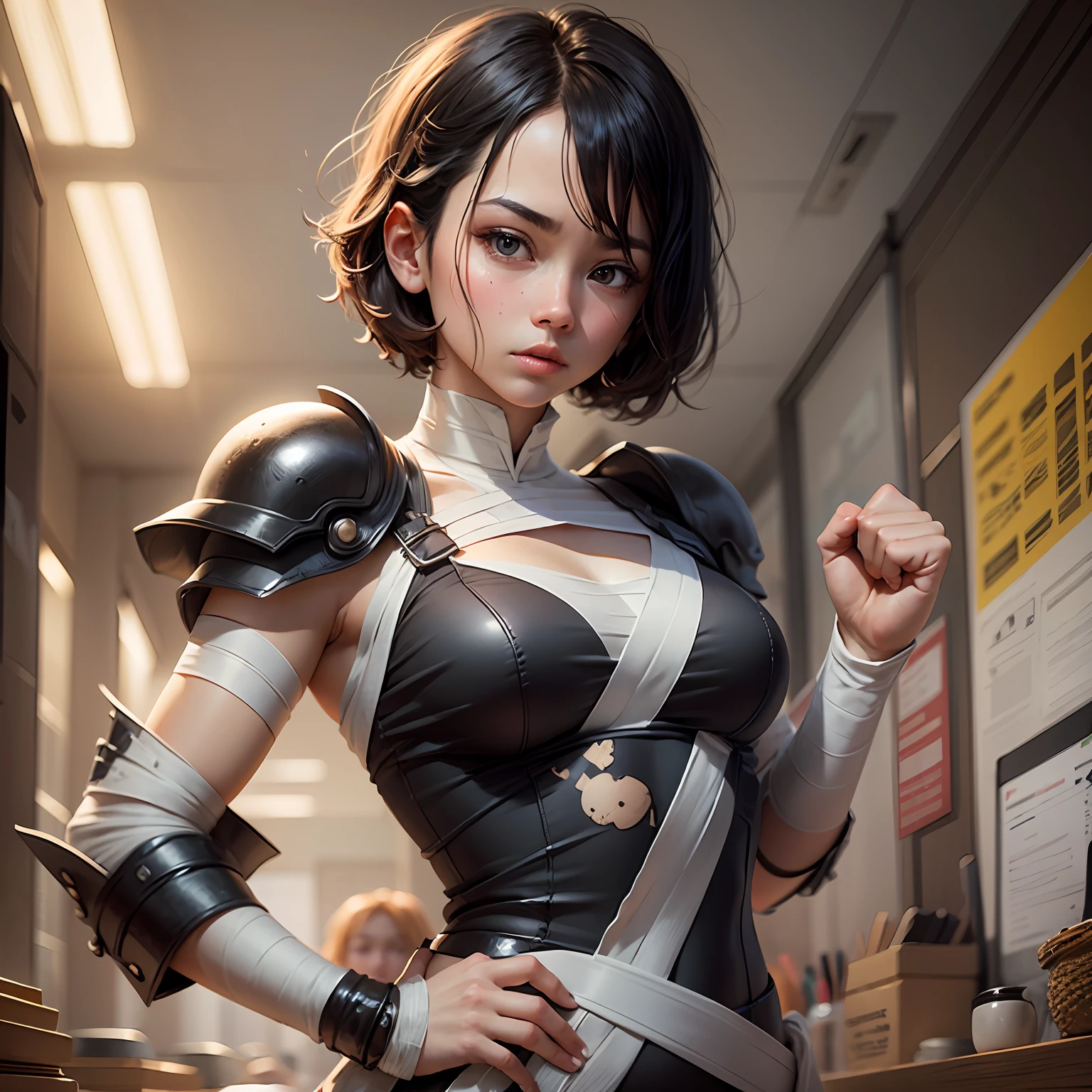 Short haired girl, black hair, right hand wrapped in a thick white bandage, right hand clenched fist, fighting posture, resolute eyes, delicate face, charging posture, exquisite picture, 8K, ite girl, supplement palm details, complete arm posture --auto --s2