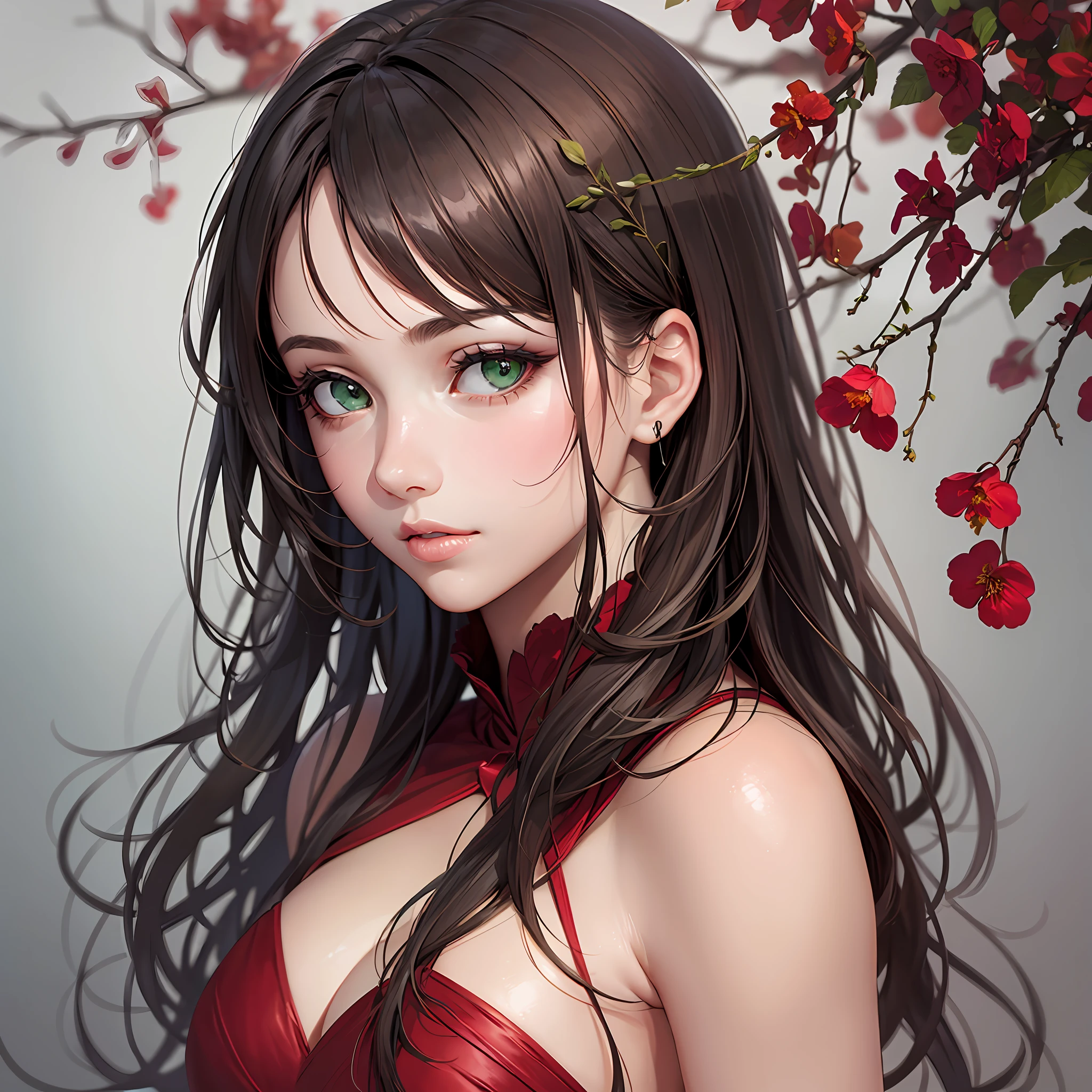 Beautiful, girl, green eyes, red dress, realistic, detailed--auta quality