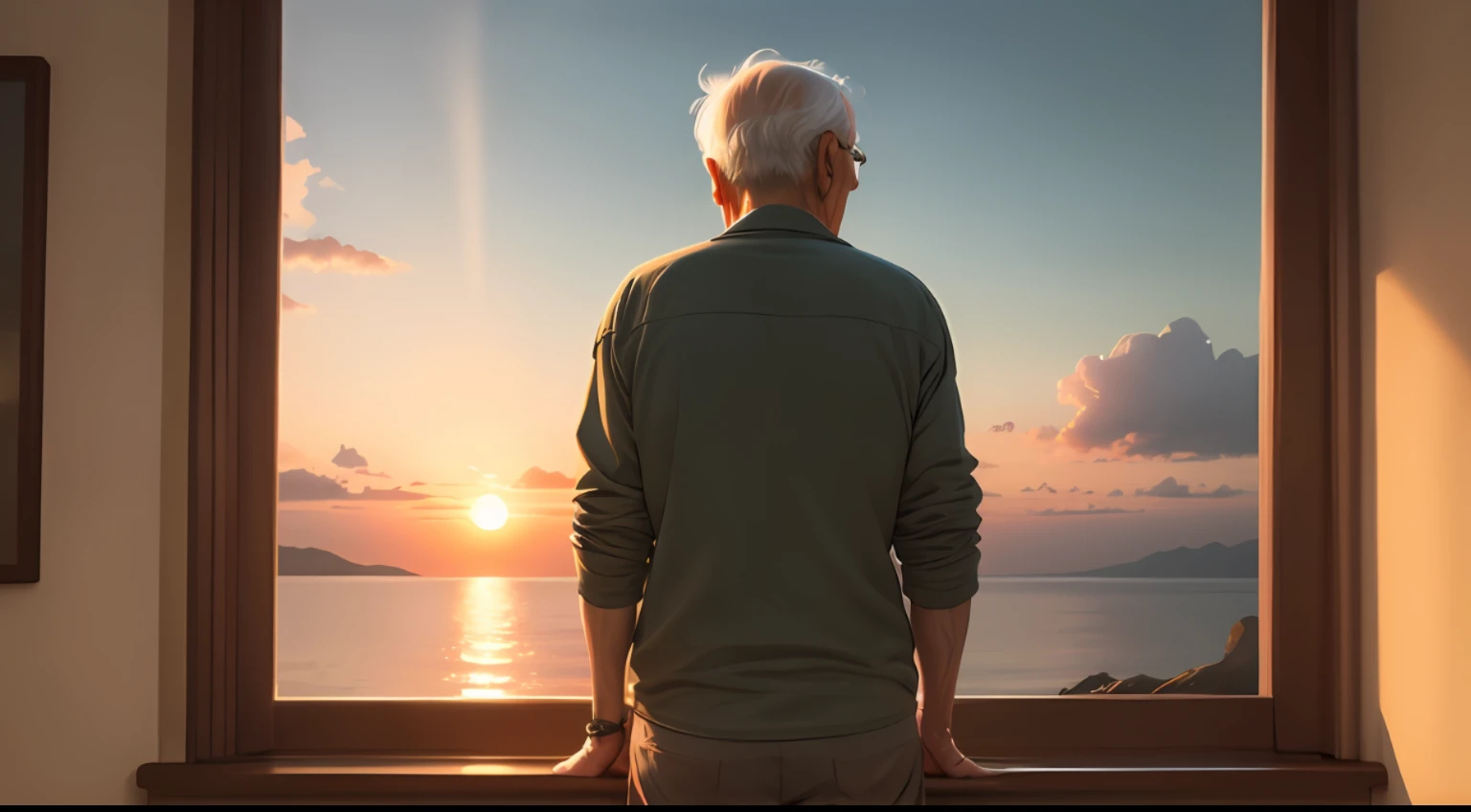 "Old man by the window, contemplate the sunset in depth."