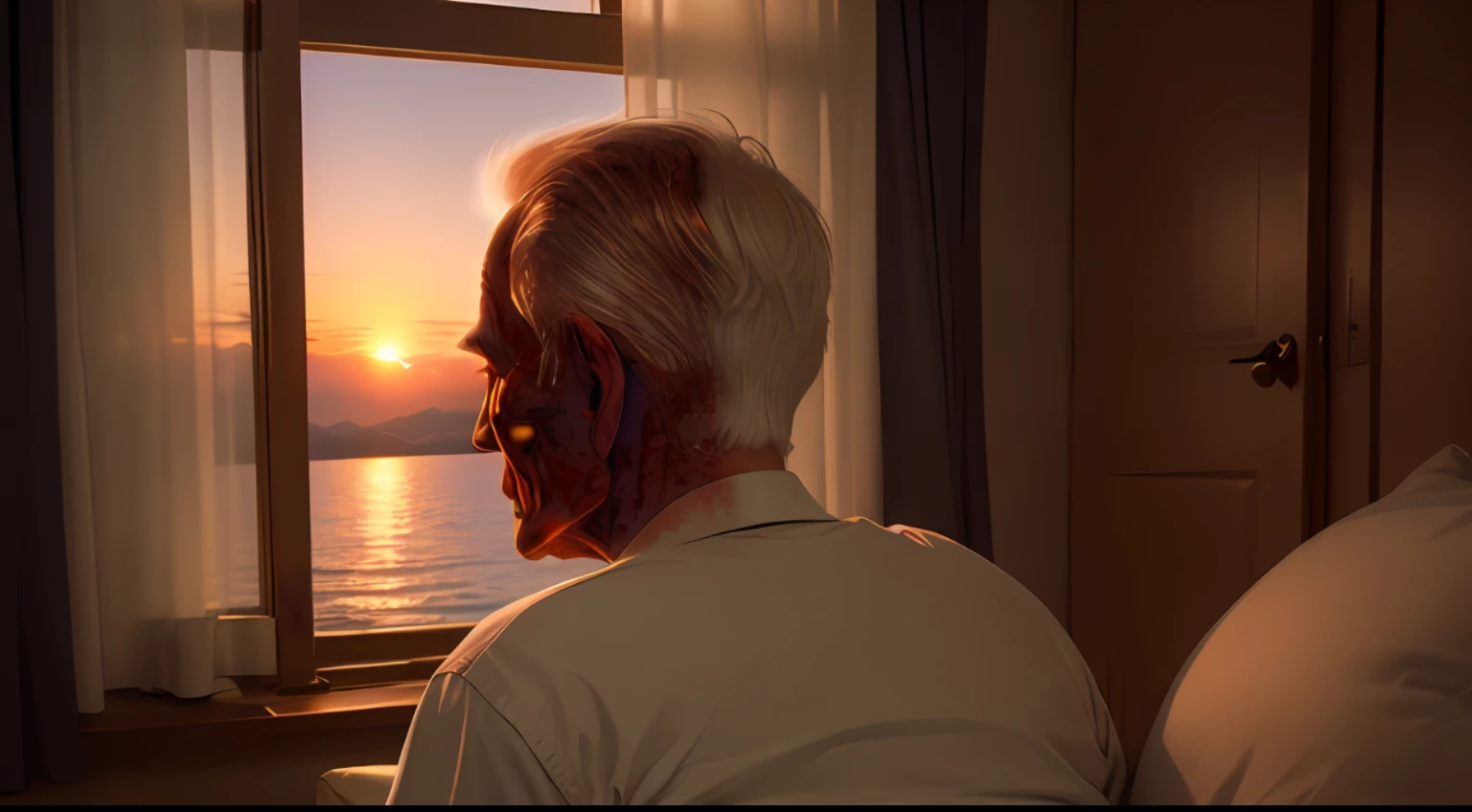 "Old man by the window, contemplate the sunset in depth."