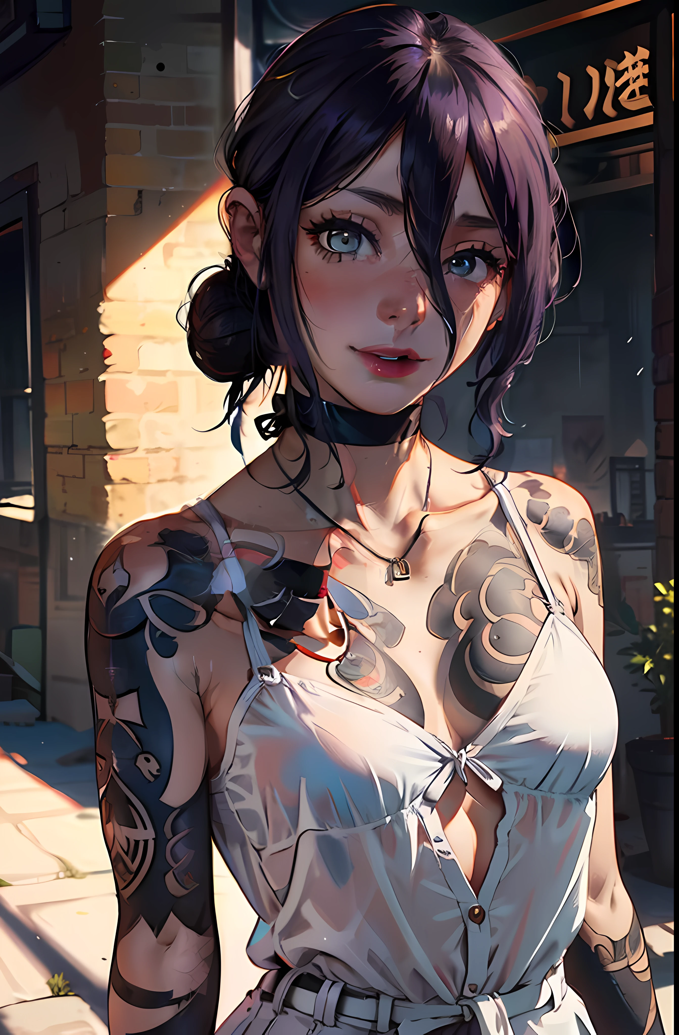 (very detailed background:1.0), (highly detailed background:1.0), (Masterpiece), High Quality, 1girl, woman, tattoo, irezumi, depth of field, dynamic lighting, high quality shadows, feminine, plunging neckline, breast curtains, Revealing clothes, , white dress, reze, purple hair