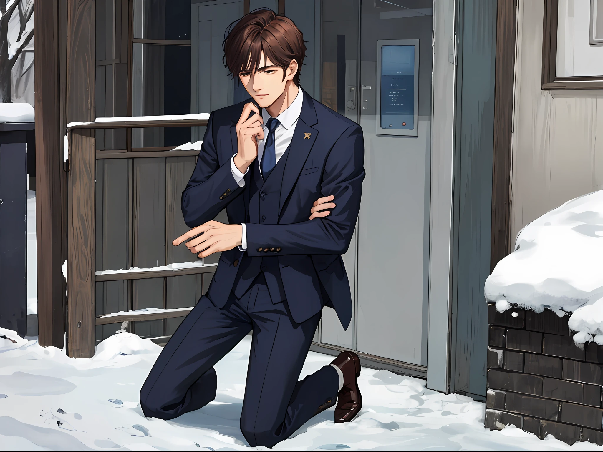 A man (suit, handsome, cold) outside the house, kneeling