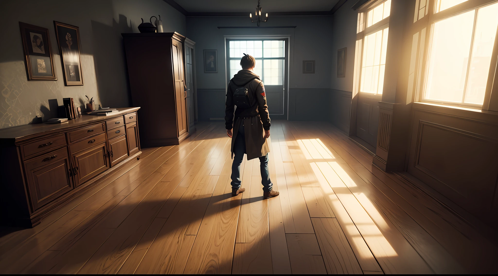 the game Silent Hill 4: The Room, where the main character is exploring his haunted apartment. Detail 8k, uhd, the textures of the objects, the sinister lighting and the horror elements present, Murphy Pendleton character --auto