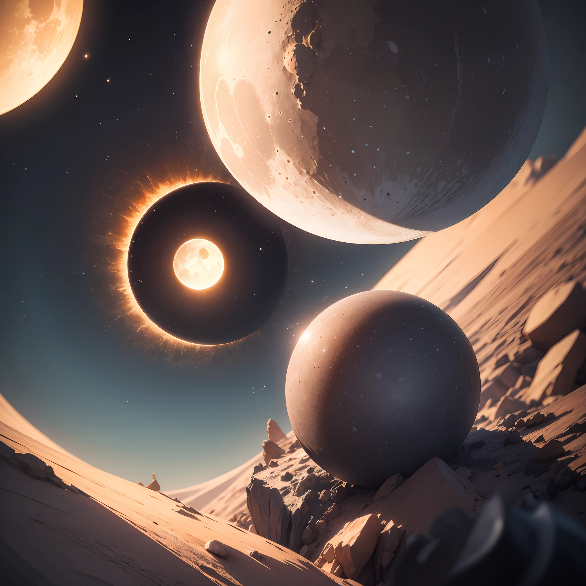 Abstract surreal sun and moon intricate details, Octane rendering 4k, volumetric lighting --auto