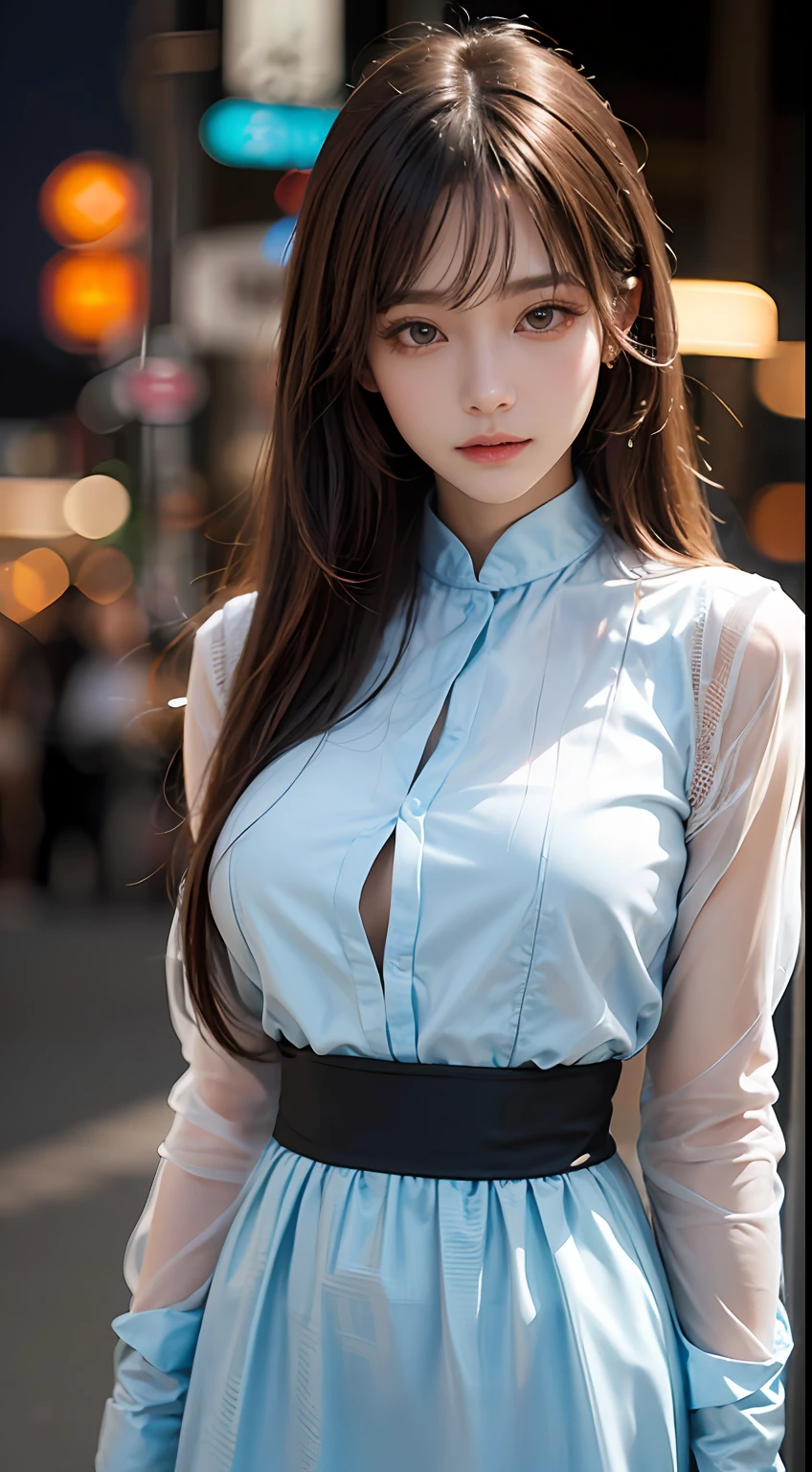 Masterpiece, 1 Beautiful Girl, Detailed Eyes, Swollen Eyes, Top Quality, Ultra High Resolution, (Reality: 1.4), Cinematic Lighting, Japanese, Asian Beauty, Korean, Very Beautiful, Beautiful Skin, Slender, Body Facing Forward, (Ultra Realistic), (High Resolution), (8K), (Very Detailed), ( Best Illustration), (beautifully detailed eyes), (super detailed), (wallpaper), detailed face, bright lighting, professional lighting, looking at viewer, facing straight ahead, outfit is light blue neat shirt and dress, 46 point slanted bangs, night view, black hair (some blonde with mesh),