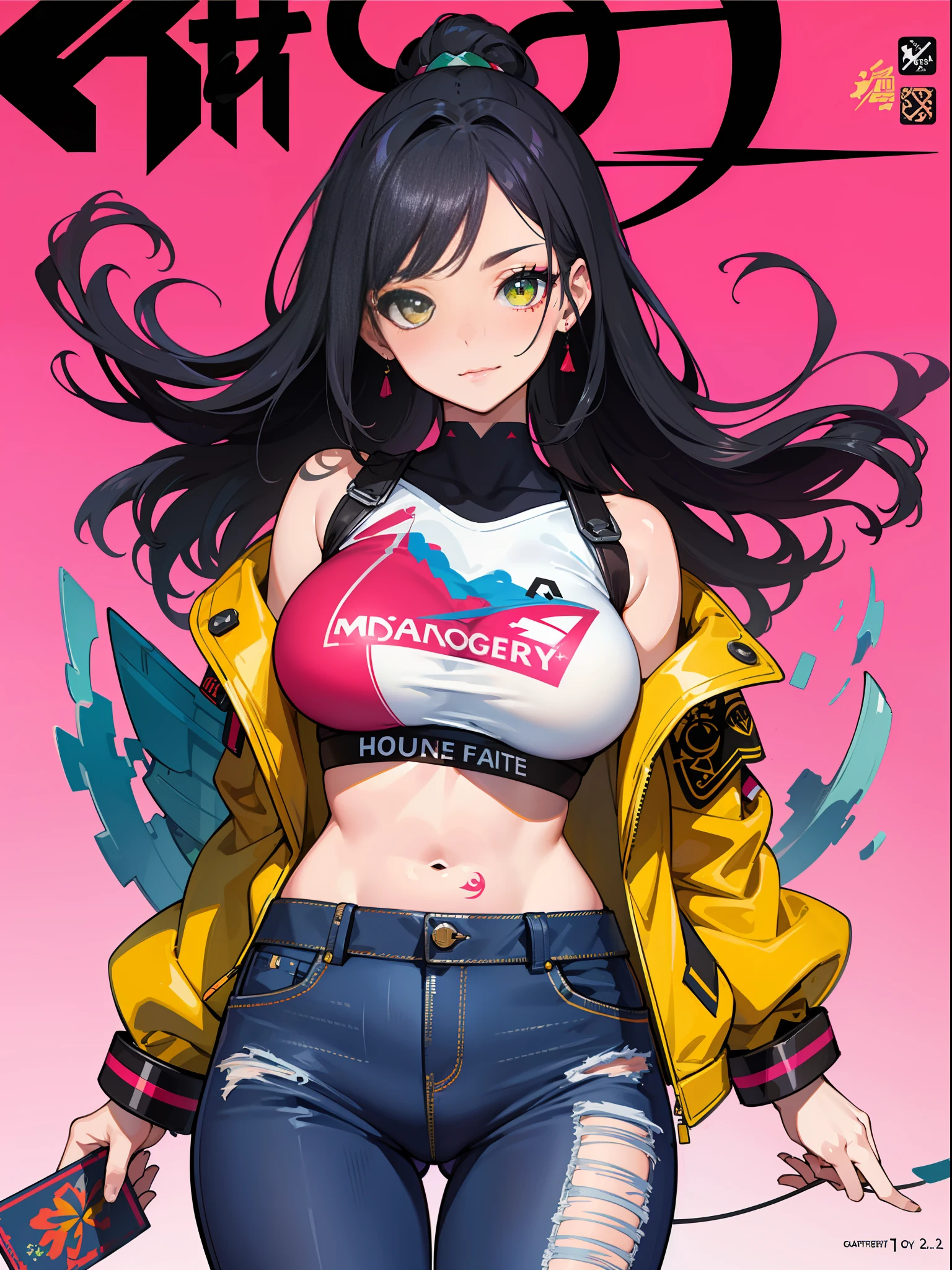 background, mixed-language_text, Japanese letters in graffit, ashley alexiss beautiful woman, long black hair, excellent lighting, sidelighting, perfect ultimate (flat color pink bubblegum gradient: 1.3), (magazine_cover: 1.4), (multicolored_background: 1.3), striped_background, card_background, :: discs with sharp and shiny blades in hand :: circular pieces of white metals glued to the ultra detailed arms coming out sparkling glow, black star design stamped in the middle of the t-shirt, perfect and detailed sculptural body, ultra detailed shirt with abstract design and with Japanese letter print in grafit of the sides of the clothing, worn jeans, big breast, with immersive effects, hover effect, background graffiti style flowers with flowers and vibrant colors, "ultra" hdr detailed and with focus effect, (masterpiece: 1.2, best quality), (beautiful emerald yellow eyes with huge finely detailed eyelashes: 1.2), , ((Solo)), (Finely detailed eyes and detailed face:1.3),beautiful ultra-detailed eyes, lineart light smile, graffiti and tattoo style backdrop, woman, alone. midriff, skintight bodysuit with detailed tattoo-style print, ultra-detailed red gradient leather jacket, hot thighs, black skintight pants with ultra-detailed white and pink detailing, large breasts, ultra-detailed bracelets on arms, , bracelet on right arm with ultra bright red energy, https://produto.mercadolivre.com.br/MLB-3749803102-camiseta-anime-desenho-geek-manga-ilustraco-nerd-unissex-_JM