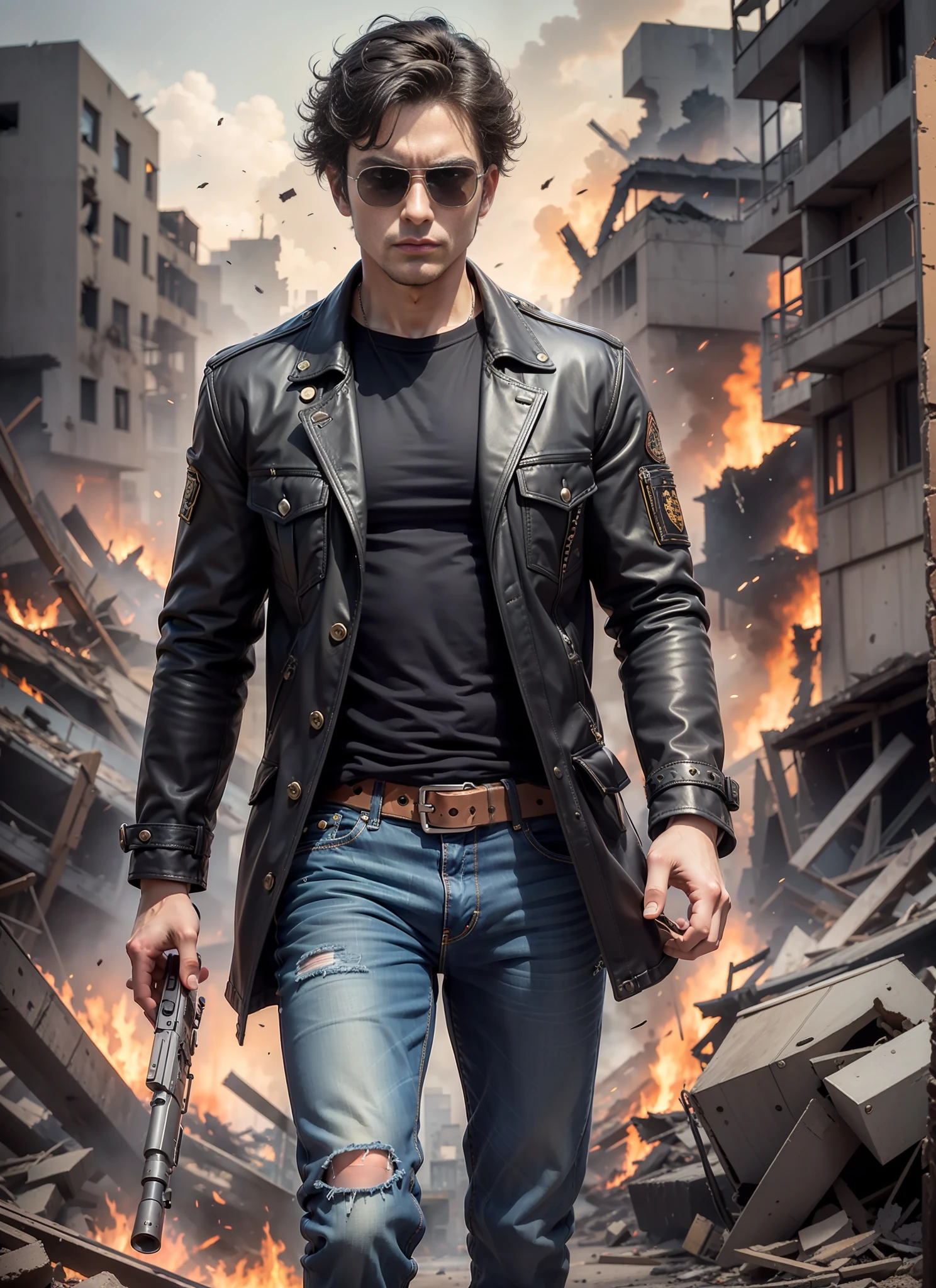 strong tone cruise, sunglasses, jeans, 1 belt, holster, rivets, coat, long black t-shirt, only one body, shoots big gun, in ruins, explosions behind, fire behind, front view