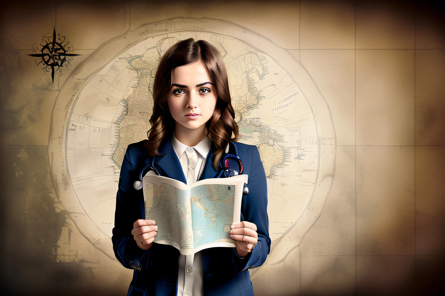 woman in suit holding a map and a stethoscope, teenage student, student, jenna coleman as the doctor, with science book, medium portrait, by Dietmar Damerau, portrait of cute pilot girl, clara oswald, full subject shown in photo, by Kurt Roesch, girl wearing uniform, amazing, wide portrait, anime style, cartoon style, cinematic pastel lighting, hyper-realistic cyberpunk style,  Anime style mixed with Fujifilm