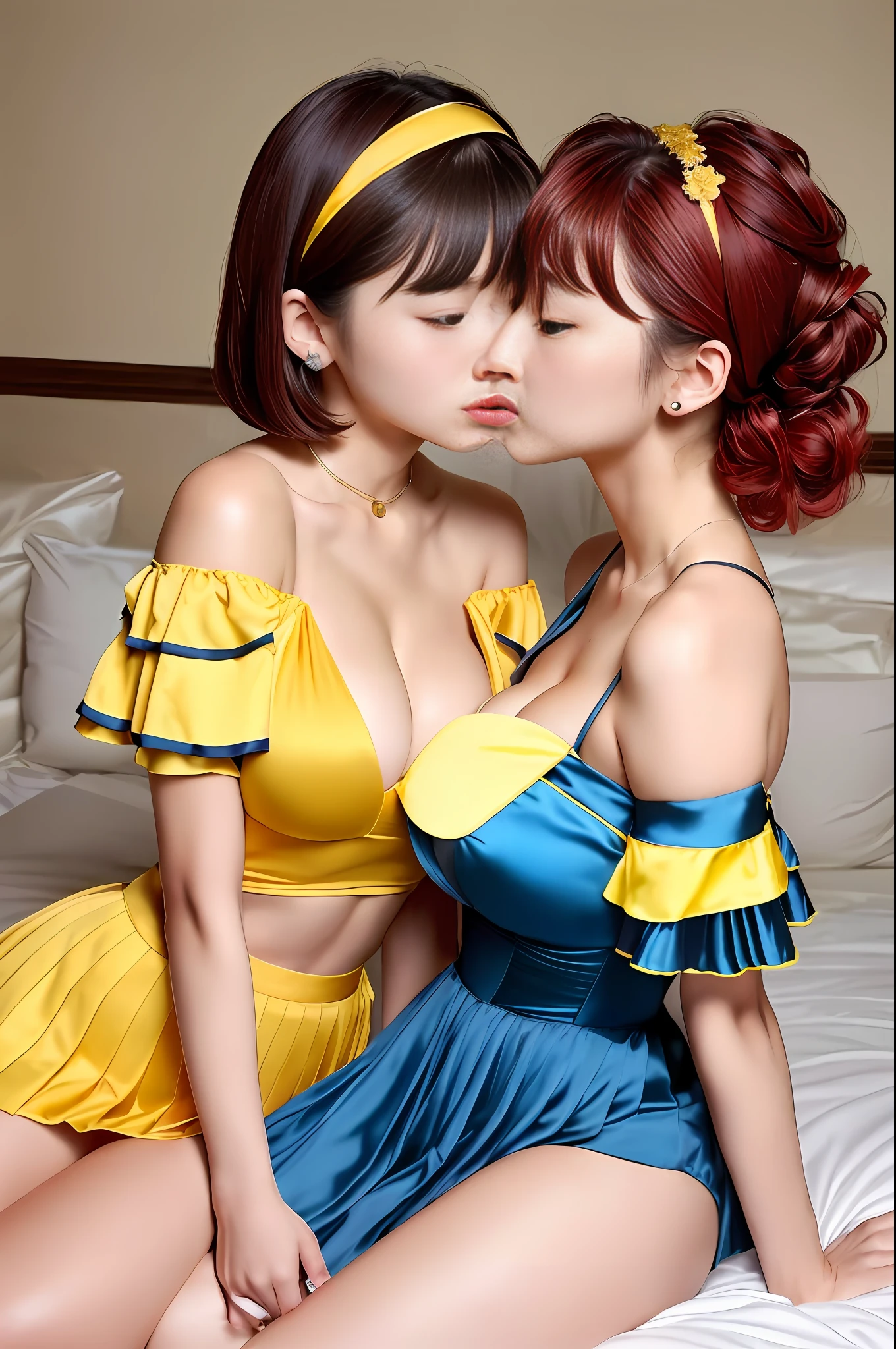 2 Beautiful Chinese models, (kissing on bed), female, wearing (yellow pleated skater skirt, blue silk corset, red shoulder slash sleeves, hair: (short, bob, headband (red)), cleavage large breasts
