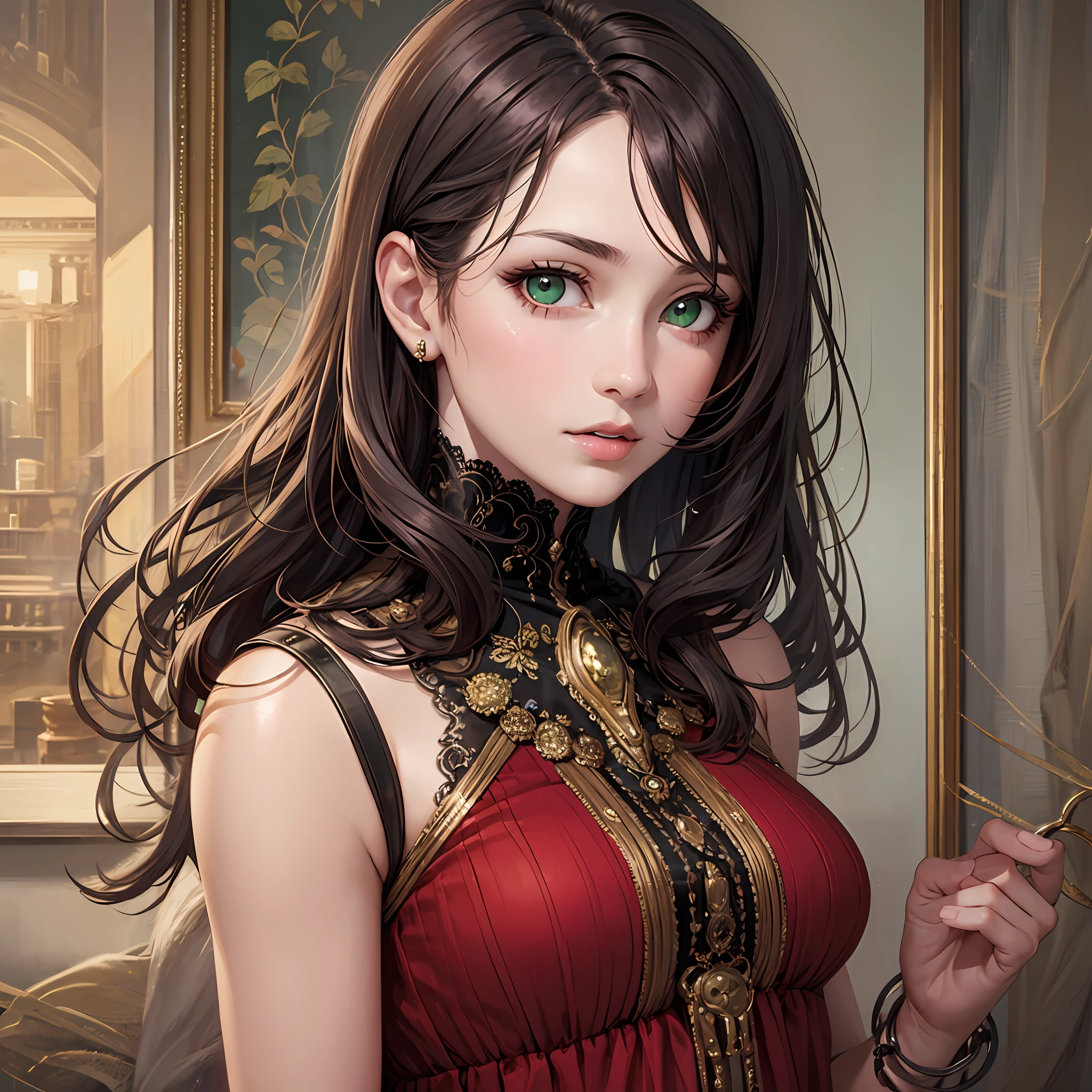 Beautiful, girl, green eyes, red dress, realistic, detailed--auta quality
