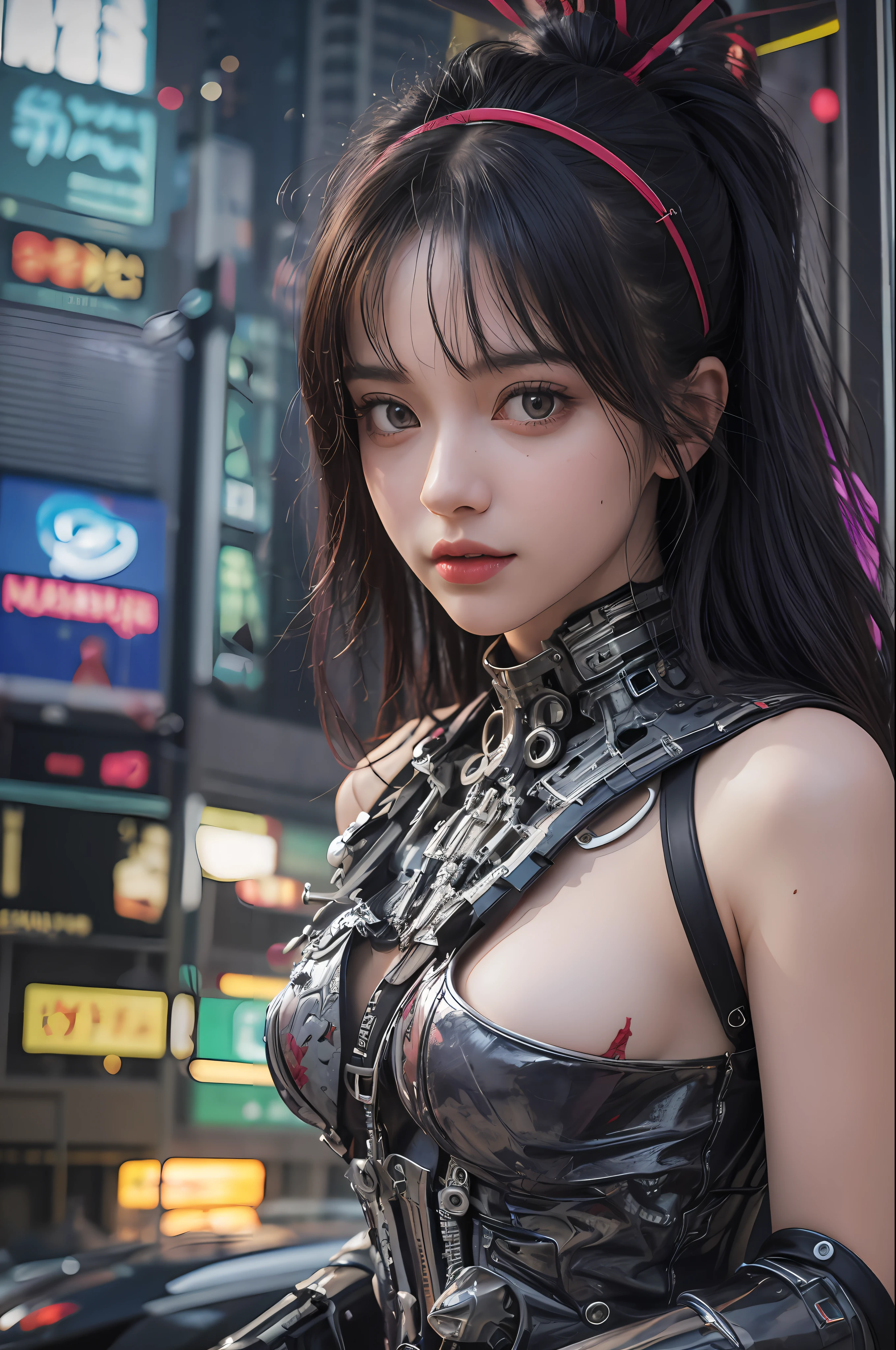Top Quality, Masterpiece, Ultra High Resolution, (Photorealistic: 1.4), Raw Photo, 1 Girl, Black Hair, Glossy Skin, 1 Mechanical Girl, (Ultra Realistic Detail)), Portrait, Global Illumination, Shadows, Octane Rendering, 8K, Ultra Sharp, Big, Cleavage Exposed Raw Skin, Metal, Intricate Ornament Details, Headset, Hydraulic cylinder, very intricate details, realistic light, CGSoation trend, purple eyes, glowing eyes, facing the camera, neon details, mechanical limbs, blood vessels connected to the tube, mechanical vertebrae attached to the back, mechanical cervical attachment to the neck, sitting, wires and cables connecting to the head, evangelion, cyberpunk, small LED lamp, The background is Tokyo 100 years from now, futuristic skyscrapers, flying cars flying around, mechanical airships