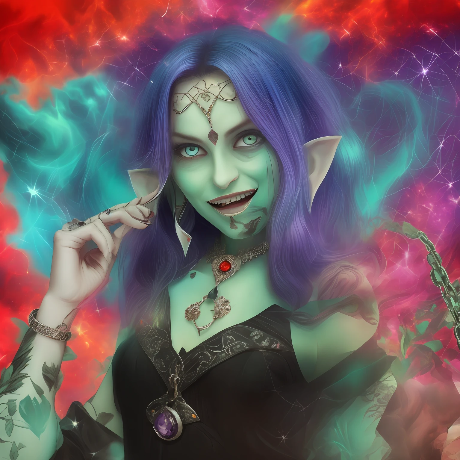 Create an evil-looking ET with green hair and pointed ears, red teeth, blue eyes, amethyst necklace on the pito and a black hole background -