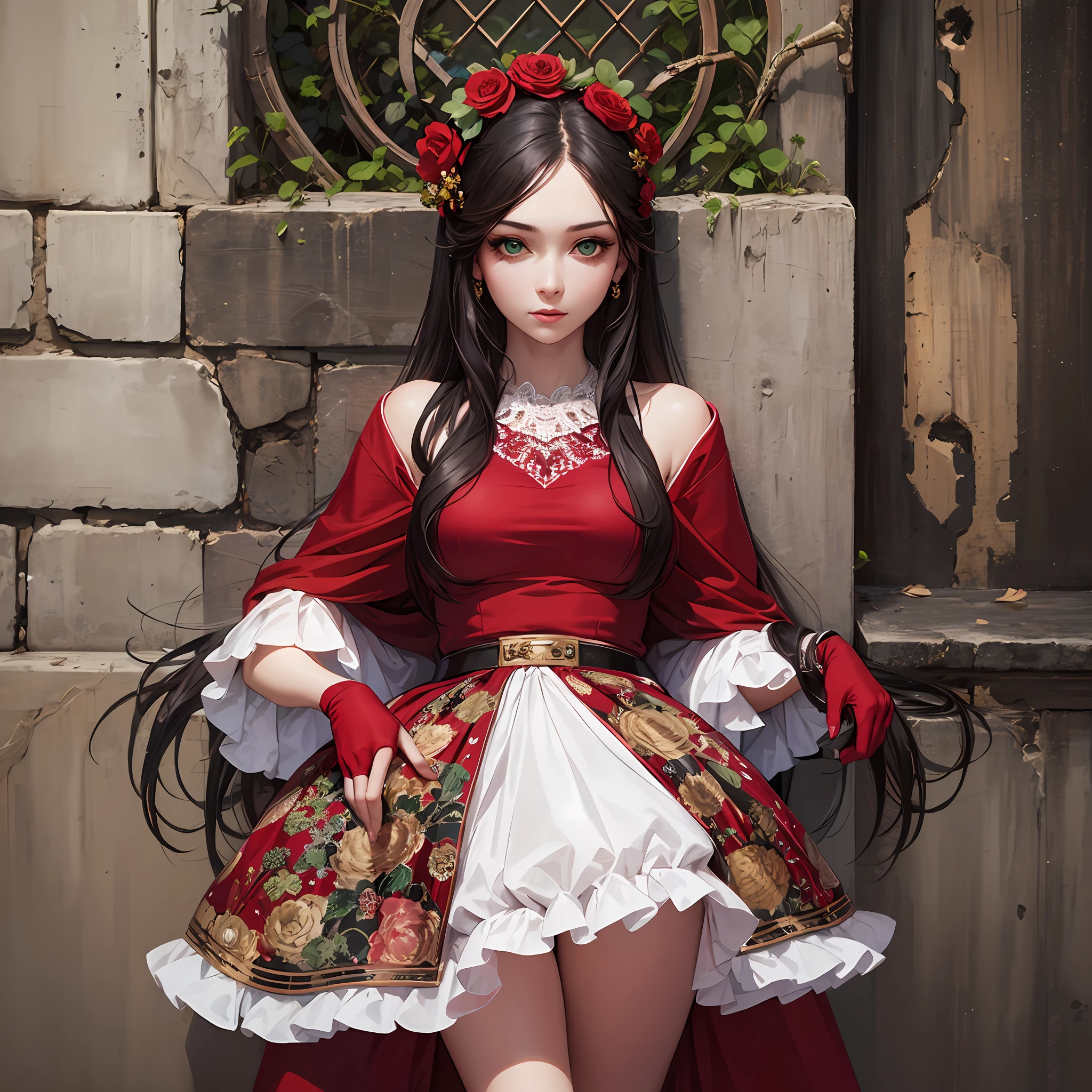 Beautiful, girl, green eyes, red dress, realistic, detailed--auta quality