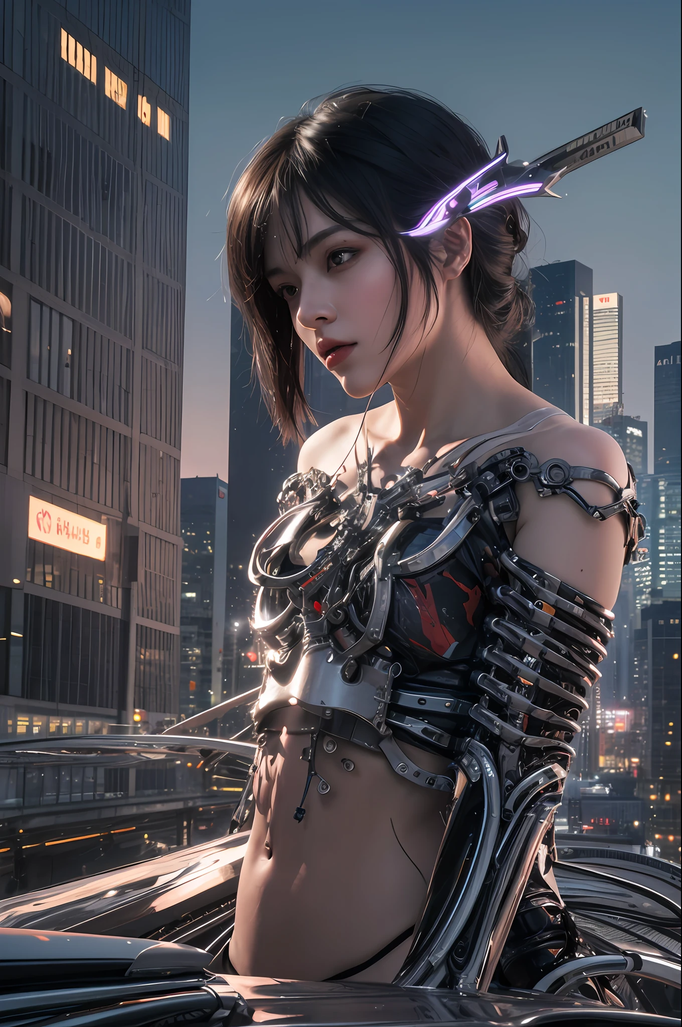 Top Quality, Masterpiece, Ultra High Resolution, (Photorealistic: 1.4), Raw Photo, 1 Girl, Black Hair, Glossy Skin, 1 Mechanical Girl, (Ultra Realistic Detail)), Portrait, Global Illumination, Shadows, Octane Rendering, 8K, Ultra Sharp, Big, Cleavage Exposed Raw Skin, Metal, Intricate Ornament Details, Headset, Hydraulic cylinder, very intricate details, realistic light, CGSoation trend, purple eyes, glowing eyes, facing the camera, neon details, mechanical limbs, blood vessels connected to the tube, mechanical vertebrae attached to the back, mechanical cervical attachment to the neck, sitting, wires and cables connecting to the head, evangelion, cyberpunk, small LED lamp, The background is the landscape of Tokyo 100 years from now, futuristic skyscrapers, flying cars flying around, mechanical airships