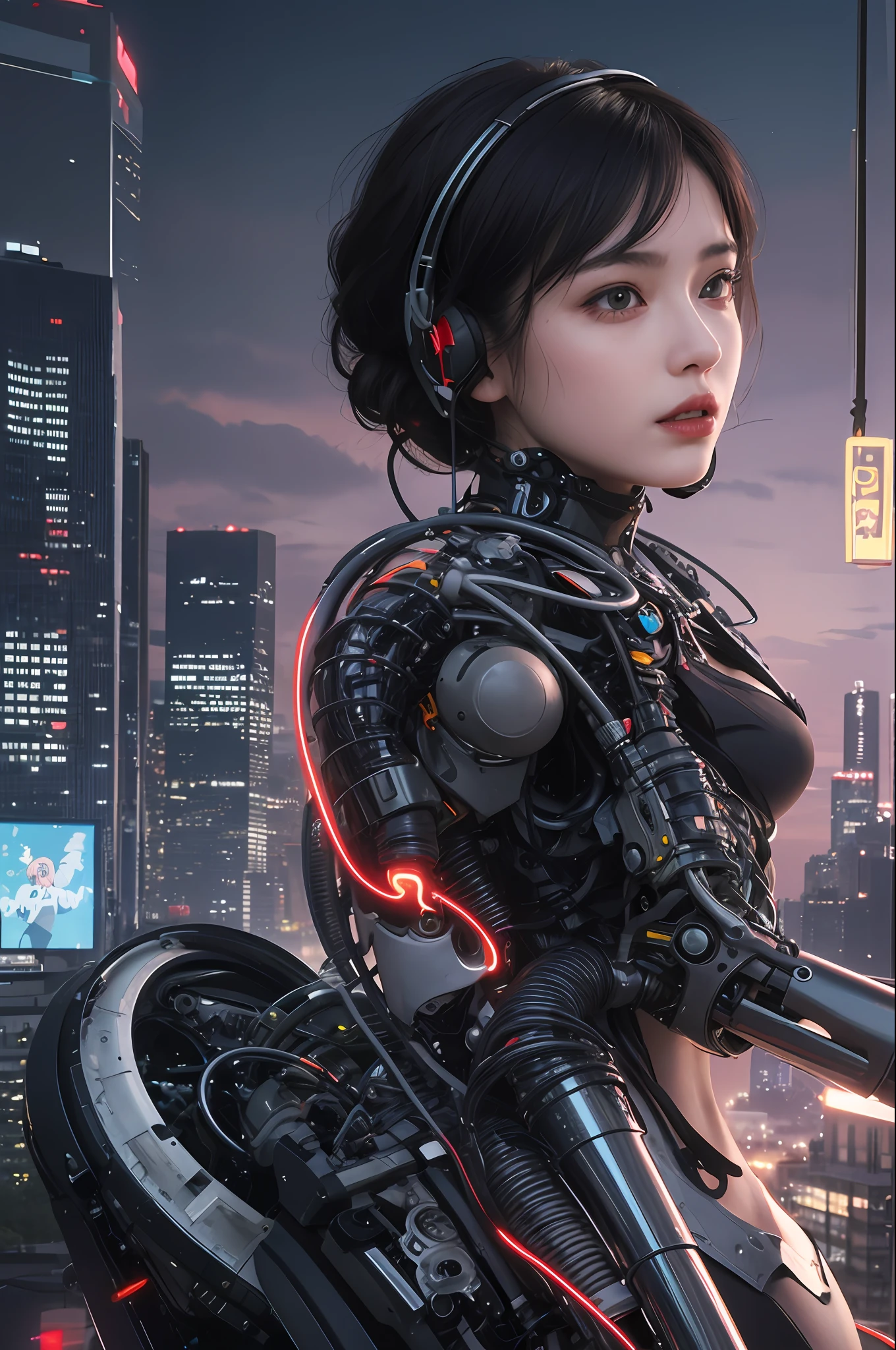 Top Quality, Masterpiece, Ultra High Resolution, (Photorealistic: 1.4), Raw Photo, 1 Girl, Black Hair, Glossy Skin, 1 Mechanical Girl, (Ultra Realistic Detail)), Portrait, Global Illumination, Shadows, Octane Rendering, 8K, Ultra Sharp, Big, Cleavage Exposed Raw Skin, Metal, Intricate Ornament Details, Headset, Hydraulic cylinder, very intricate details, realistic light, CGSoation trend, purple eyes, glowing eyes, facing the camera, neon details, mechanical limbs, blood vessels connected to the tube, mechanical vertebrae attached to the back, mechanical cervical attachment to the neck, sitting, wires and cables connecting to the head, evangelion, cyberpunk, small LED lamp, The background is the landscape of Tokyo 100 years from now, futuristic skyscrapers, flying cars flying around, mechanical airships