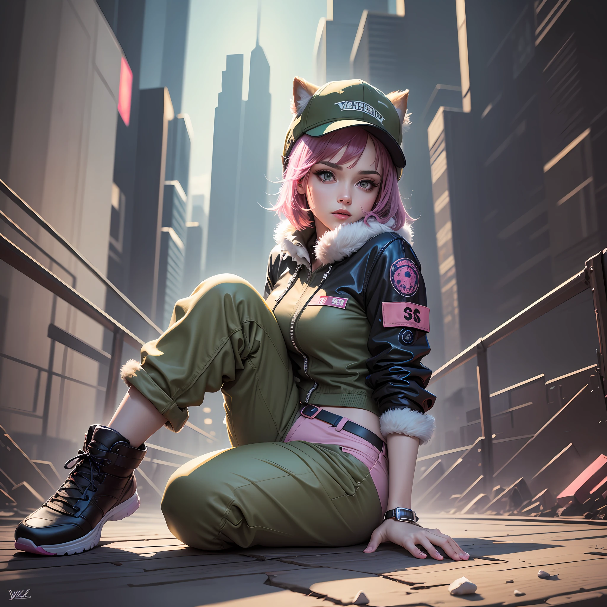 (masterpiece, best quality, high quality, highres, ultra-detailed), dynamic pose,full body, [(art by Bruce Pennington:1.1)|(art by David Normal:0.8)], Vector Art, Painterly ,cyber style girl, 1girl, short hair, solo, Attending festivals, wearing Fur Acid colors Khaki pants and striped shirt, dark pink Hat, Bauhaus Art, natural lighting, HDR, --auto --s2