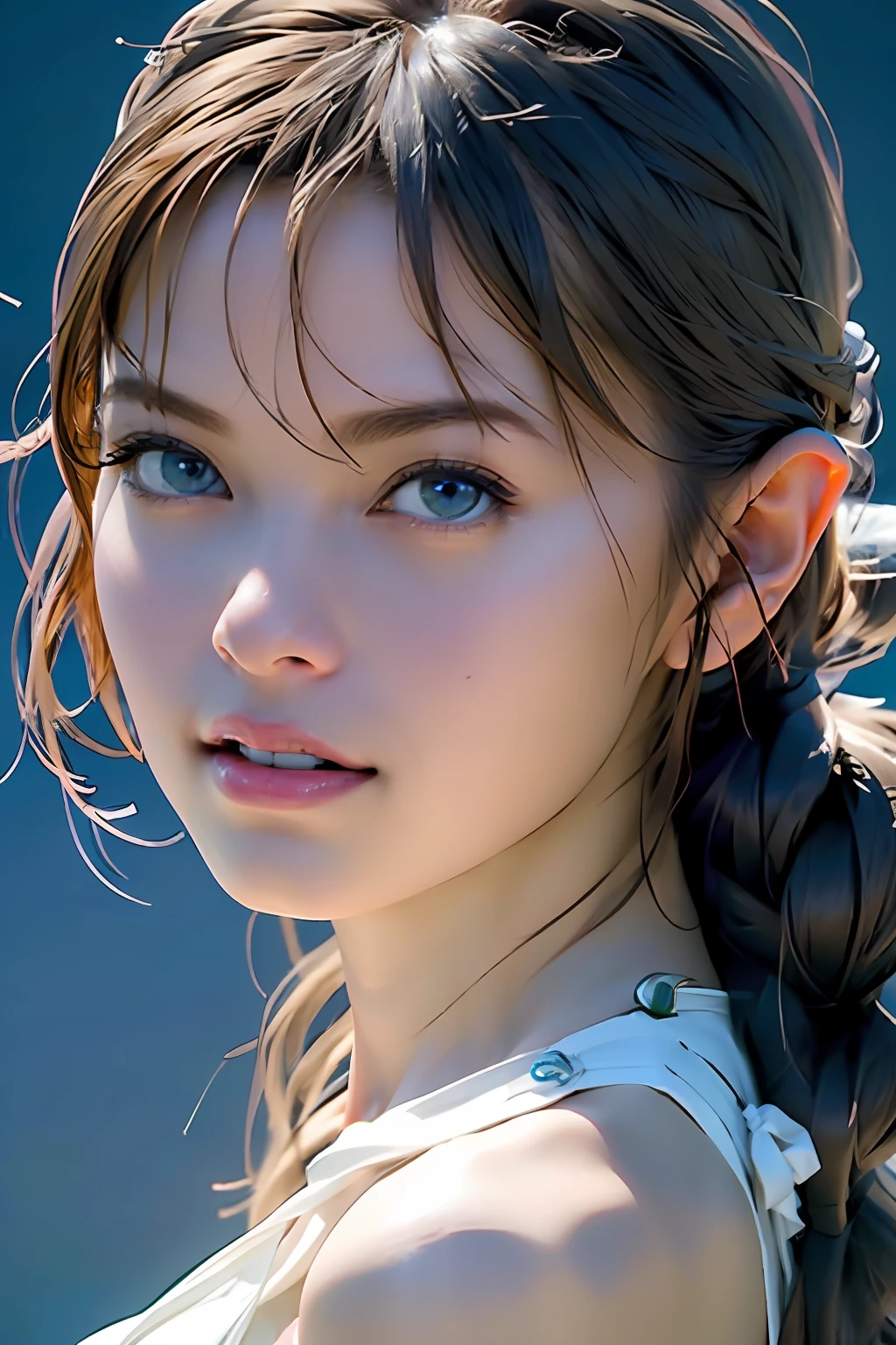 Ultra-detailed complex 3D rendering of the face, (Colossal: 8.8), (masterpiece, top quality, octane rendering,), glamour shots full body image, very beautiful young elf, cleavage, (highly detailed skin: 1.2), (exposure: 1.1), blonde, ((White Pachinko bikini: 1.95)))). 40k, ((very soft breasts)), ((conspicuous large pink areola)). Beautiful Caucasian woman with white skin with full soft breasts and white skin with big ass, one, long braided hair, big breasts, dynamic angle, mystical expression, ultra-realistic photo, (((((portrait)))), bare feet, futuristic city background, facial muscles, detailed and beautiful gold crown, in the style of Marvel Comics, ArtStation trends, clear focus, intricate details, Very detailed, detailed blue eyes, very detailed, sharp focus, digital rendering, professional, abs, dark grey background, glossy skin,