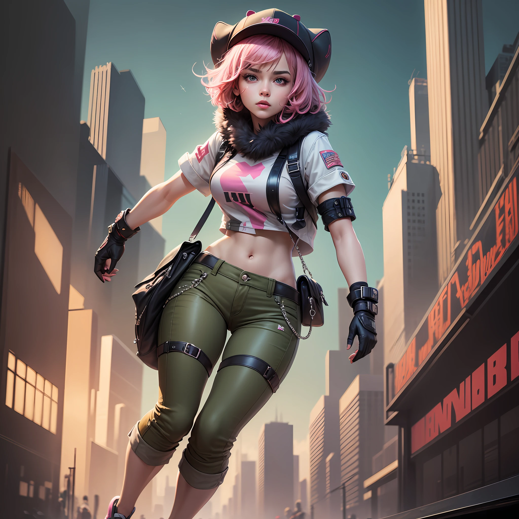 (masterpiece, best quality, high quality, highres, ultra-detailed), dynamic pose,full body, [(art by Bruce Pennington:1.1)|(art by David Normal:0.8)], Vector Art, Painterly ,cyber style girl, 1girl, short hair, solo, Attending festivals, wearing Fur Acid colors Khaki pants and striped shirt, dark pink Hat, Bauhaus Art, natural lighting, HDR, --auto --s2