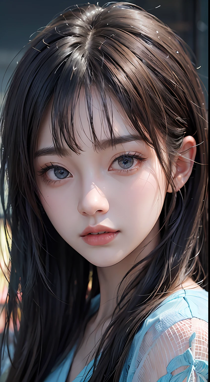 Masterpiece, 1 Beautiful Girl, Detailed Eyes, Swollen Eyes, Top Quality, Ultra High Resolution, (Reality: 1.4), Cinematic Lighting, Japanese, Asian Beauty, Korean, Very Beautiful, Beautiful Skin, Slender, Body Facing Forward, (Ultra Realistic), (High Resolution), (8K), (Very Detailed), ( Best Illustration), (beautifully detailed eyes), (super detailed), (wallpaper), detailed face, bright lighting, professional lighting, looking at viewer, facing straight ahead, outfit is light blue neat shirt and dress, 46 point slanted bangs, night view, black hair (some blonde with mesh),