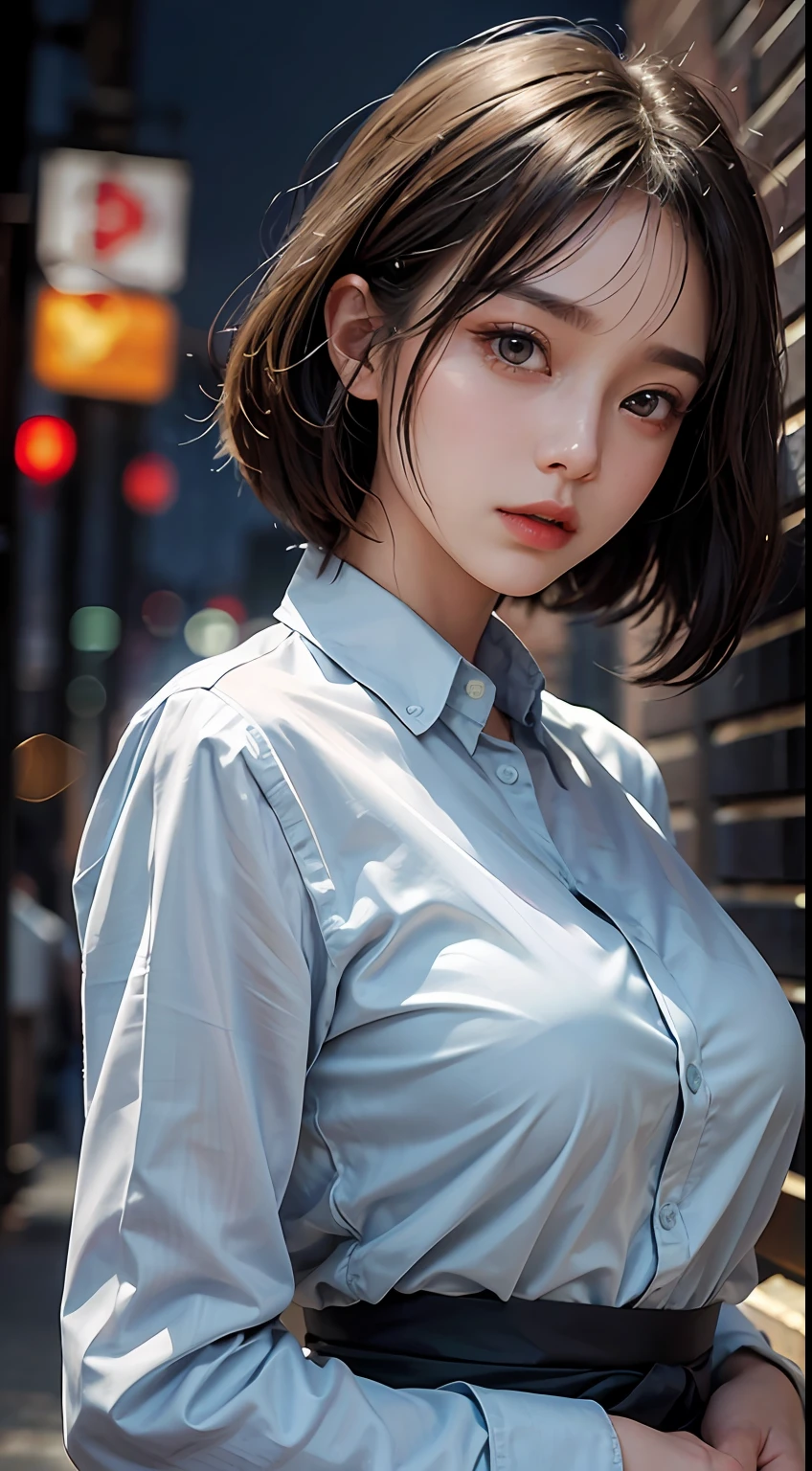 Masterpiece, 1 Beautiful Girl, Detailed Eyes, Swollen Eyes, Top Quality, Ultra High Resolution, (Reality: 1.4), Cinematic Lighting, Japanese, Asian Beauty, Korean, Very Beautiful, Beautiful Skin, Slender, Body Facing Forward, (Ultra Realistic), (High Resolution), (8K), (Very Detailed), ( Best Illustration), (beautifully detailed eyes), (super detailed), (wallpaper), detailed face, bright lighting, professional lighting, looking at viewer, facing straight ahead, outfit is light blue neat shirt and dress, 46 point slanted bangs, night view, black hair (some blonde with mesh),