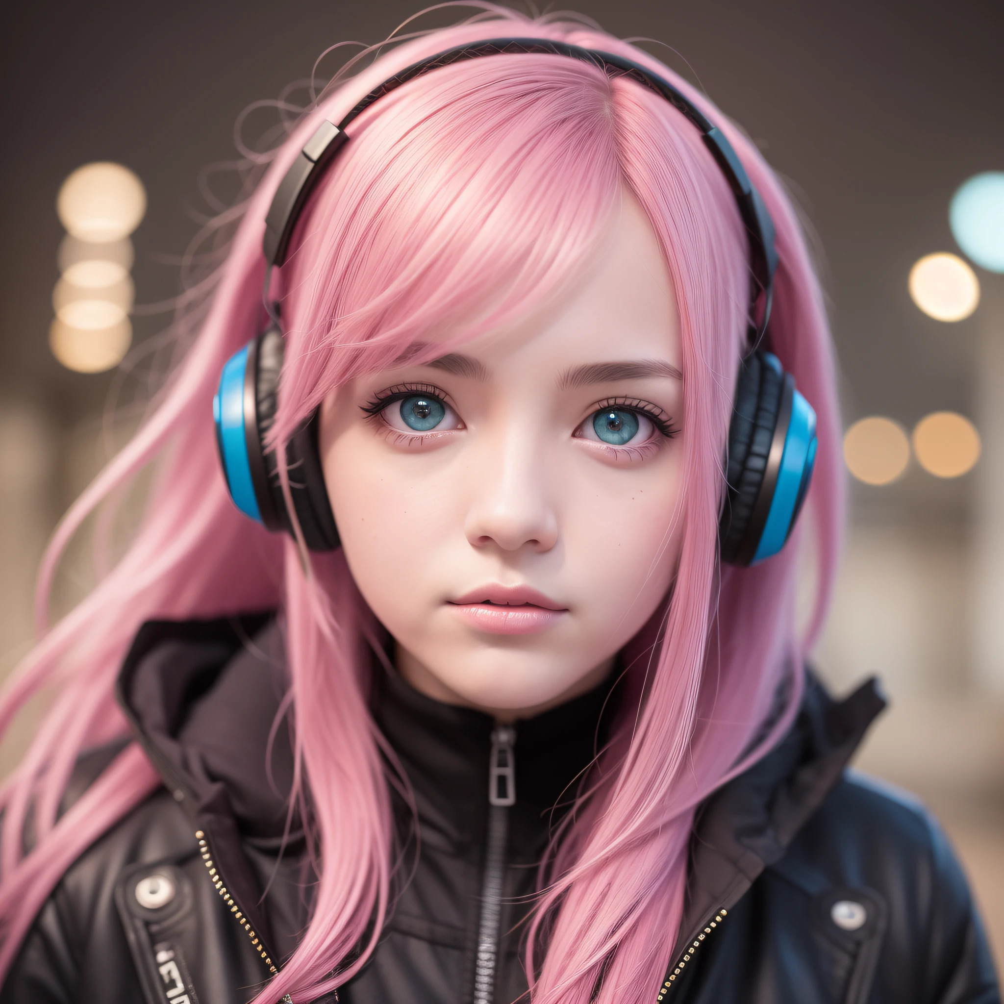 girl with headphones,pink hair blue eyes Cyberpunk,8K extremely detailed, smooth, high resolution, ultra quality, highly detailed eyes, highly detailed mouth, highly detailed face, perfect eyes, both eyes are equal, true light, brightness, iridescent, global lighting, real hair movement, real light, real shadow, real face, hd, 2k, 4k, 8k, 16k, realistic light,  realistic shadow, bright eyes, fluorescent eyes, soft light, dream light,anime, 3d, japan, pixar, masterpiece, best quality, half body, portrait, night city