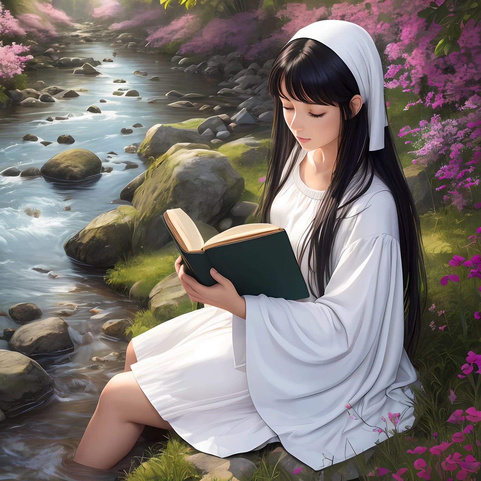 Beautiful white woman with black hair reading a Holy Bible with beautiful, sitting on the bank of a river, realistic photo in high resolution 4k