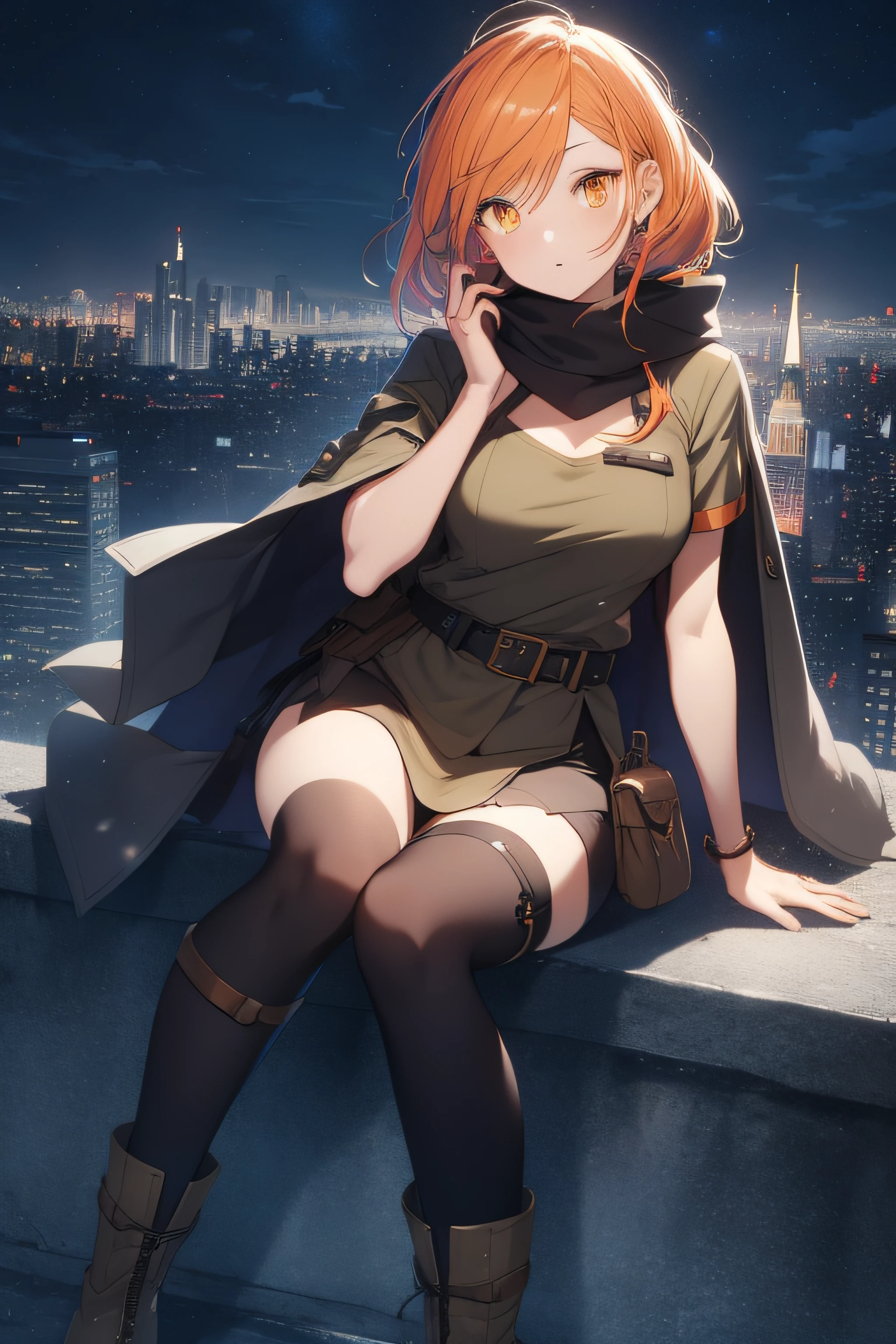 orange eyes light,richly faded light orange hair, anime 1girl, no skirt, brown military boots, pouch on the waist belt, khaki bikini, "black tights", "dark_orange knee pad on right leg",( night city:1.4), black long cloak, (good hand:1.5 ) good legs, (Good face: 1.5), 1girl, best hand, no worst hand. without clothes, in big city, khaki t-shirt, best face, very good face, best eyes, best anatomy,