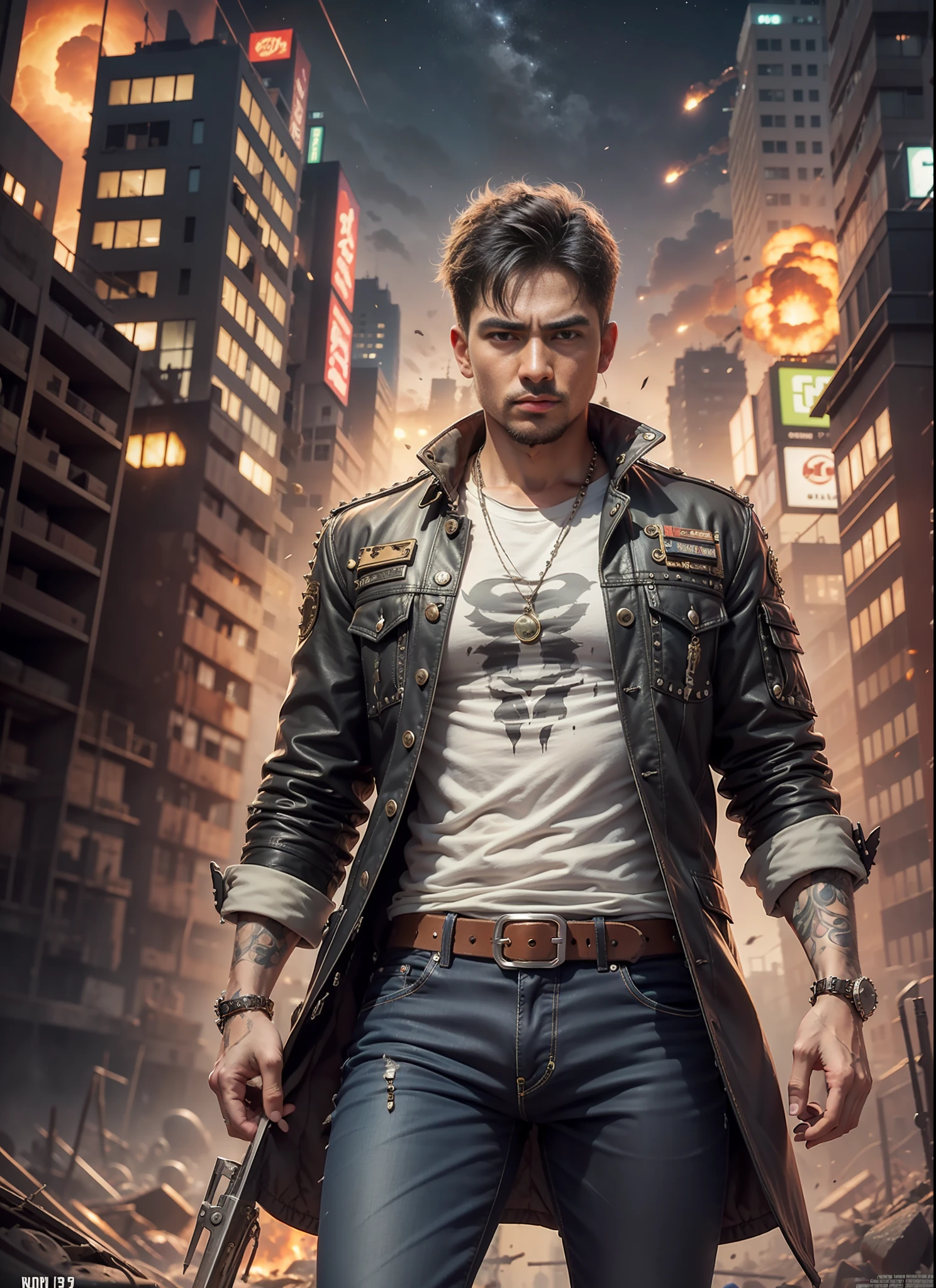 Movie poster, jungle city, lion warrior, black jeans, belt, long t-shirt, long coat, rivets, holster, rivets, explosions, jungle, ruins, just one body, night