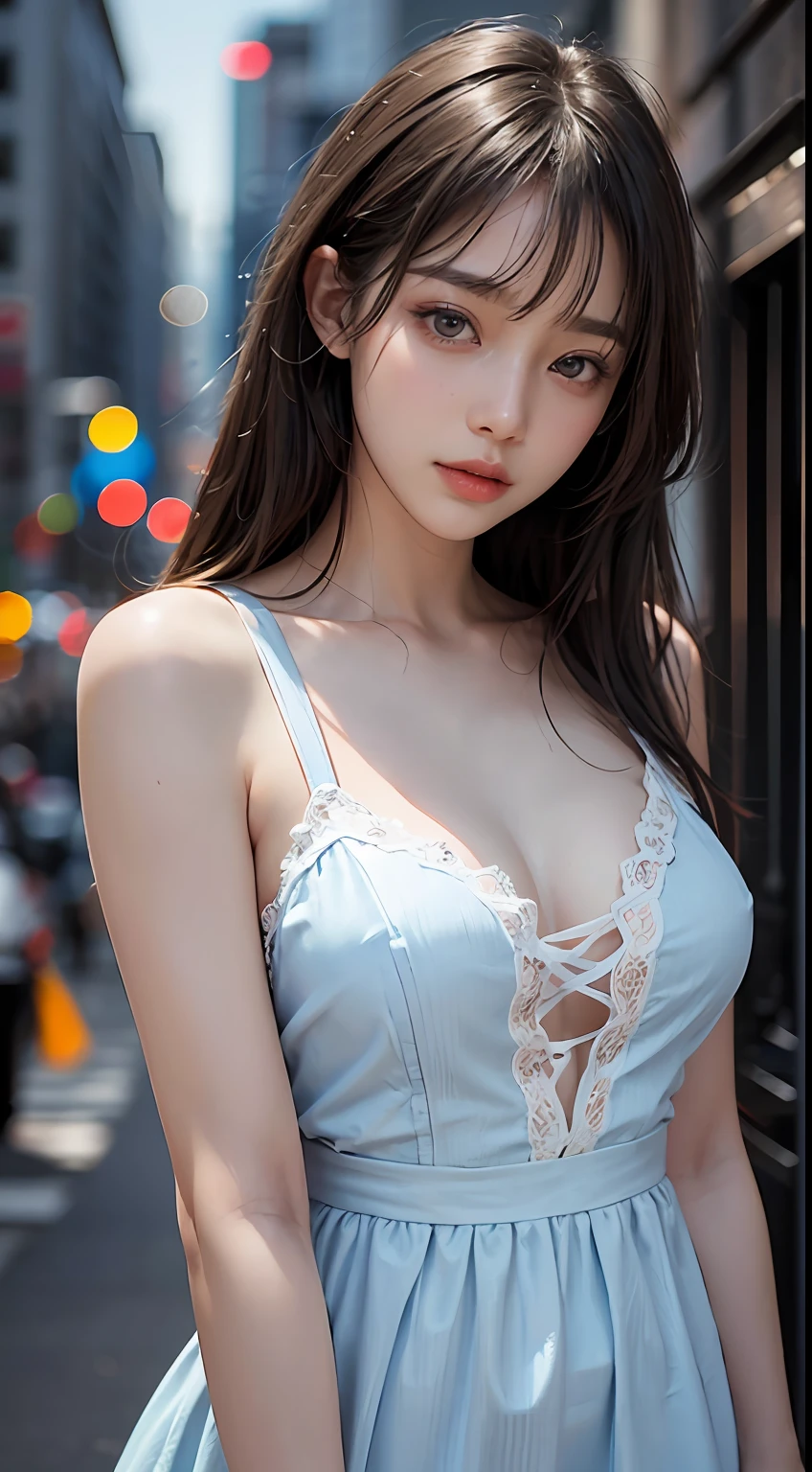 Masterpiece, 1 Beautiful Girl, Detailed Eyes, Swollen Eyes, Top Quality, Ultra High Resolution, (Reality: 1.4), Cinematic Lighting, Japanese, Asian Beauty, Korean, Very Beautiful, Beautiful Skin, Slender, Body Facing Forward, (Ultra Realistic), (High Resolution), (8K), (Very Detailed), ( Best Illustration), (beautifully detailed eyes), (super detailed), (wallpaper), detailed face, bright lighting, professional lighting, looking at viewer, facing straight ahead, outfit is light blue neat shirt and dress, 46 point slanted bangs, night view, black hair (some blonde with mesh),