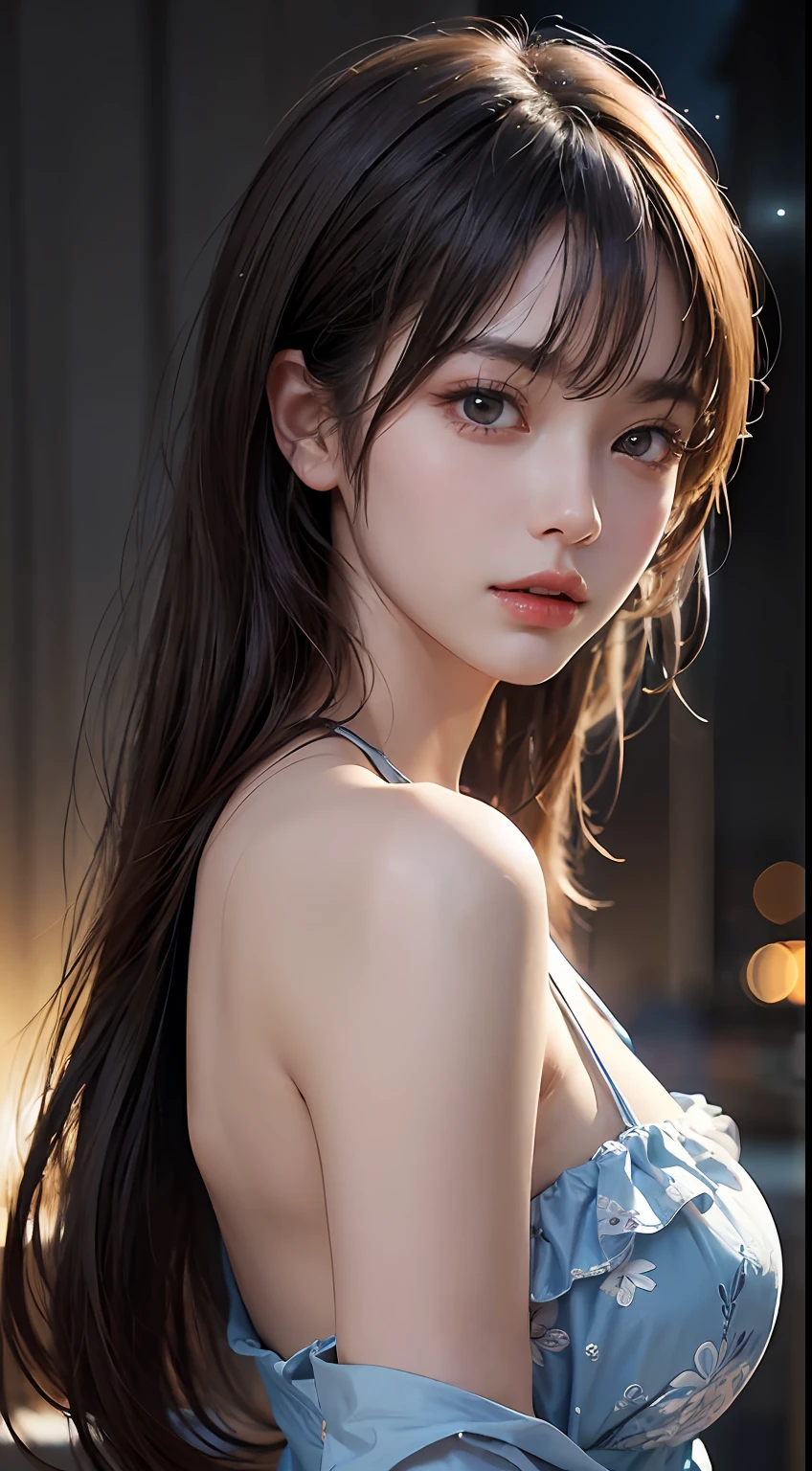 Masterpiece, 1 Beautiful Girl, Detailed Eyes, Swollen Eyes, Top Quality, Ultra High Resolution, (Reality: 1.4), Cinematic Lighting, Japanese, Asian Beauty, Korean, Very Beautiful, Beautiful Skin, Slender, Body Facing Forward, (Ultra Realistic), (High Resolution), (8K), (Very Detailed), ( Best Illustration), (beautifully detailed eyes), (super detailed), (wallpaper), detailed face, bright lighting, professional lighting, looking at viewer, facing straight ahead, outfit is light blue neat shirt and dress, 46 point slanted bangs, night view, black hair (some blonde with mesh),