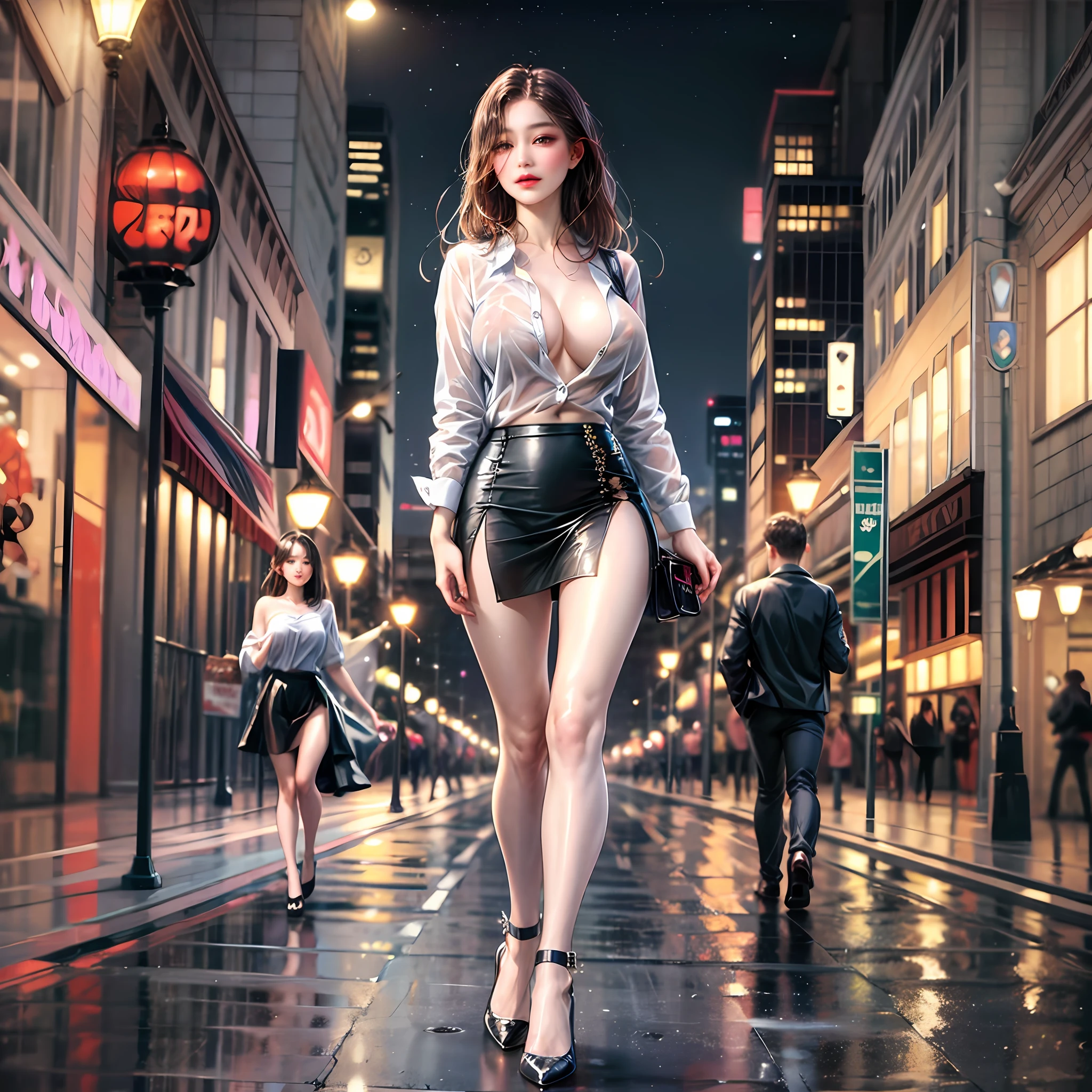 Tzuyu, Asian girl, long straight hair with bang, biggest boobs, wearing shirt, white shirt, very tight shirt, see though shirt, wet see though shirt, button foff shirt, no bra, no underwear, mini slit skirt, black tight skirts, leather skirt high slit, hing heels shoes, full body, good proportion body, walking at night, walking on the street. --auto