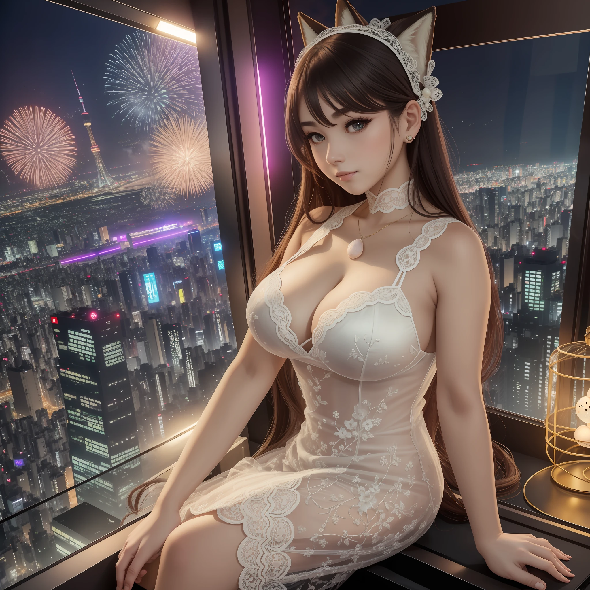 8k, noble woman in front of the window, small, full body, see-through lace dress, egg-shaped face, fox face, round face, young face, bold and seductive pose, H pose, cleavage show, tokyo rooftop, tokyo rooftop, night view fireworks, futuristic tokyo night rooftop, tokyo in the background, in the lounge --auto --s2