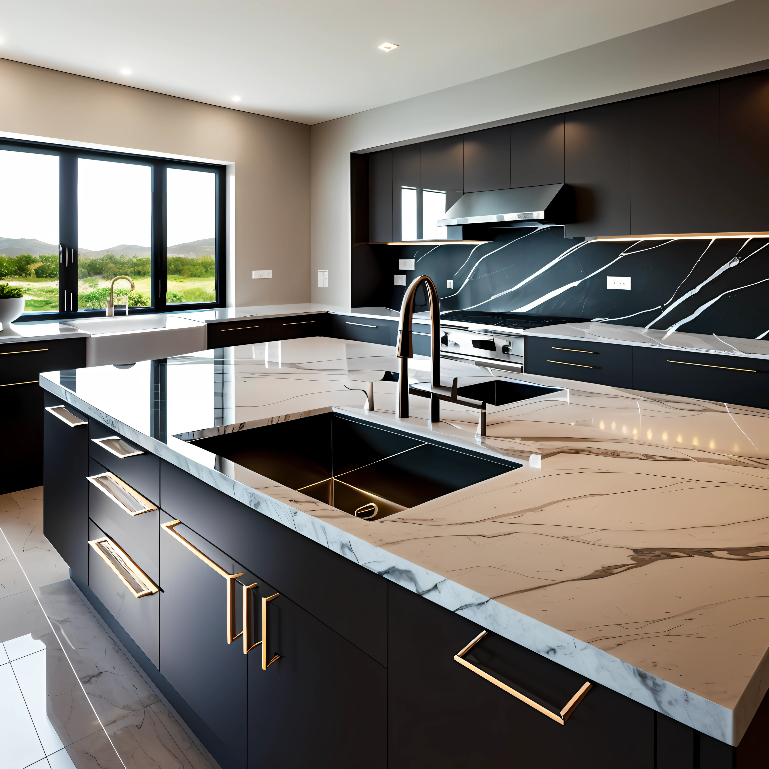 please create a description of an ultra-realistic kitchen in 4K, with a black marble countertop and a modern lighting style. The kitchen should be photographed with lights that highlight every detail and convey a sense of sophistication and elegance. The materials used should be highly detailed, with realistic textures, and the appliances and accessories should be of high quality, conveying a contemporary and luxurious atmosphere. Please describe all the elements of the kitchen in order to capture its beauty, with special attention to the reflections and sparkles in the black marble of the countertop. Remember to highlight the details of the modern lighting that highlights every corner of the kitchen, making it a stunning and inviting space. --auto