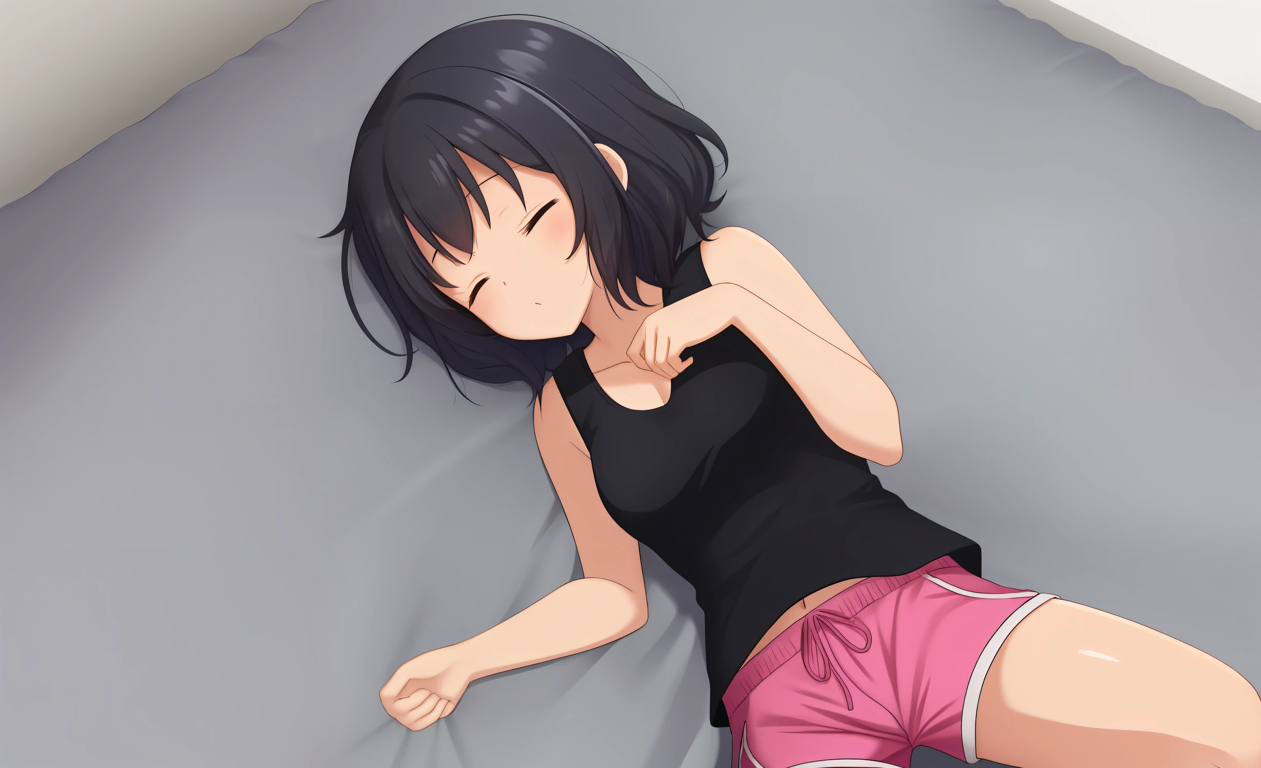 A light-skinned, black-haired anime girl has her eyes closed and wearing a black tank top with pink shorts, she's sleeping on a bed in the bedroom, moe-style image