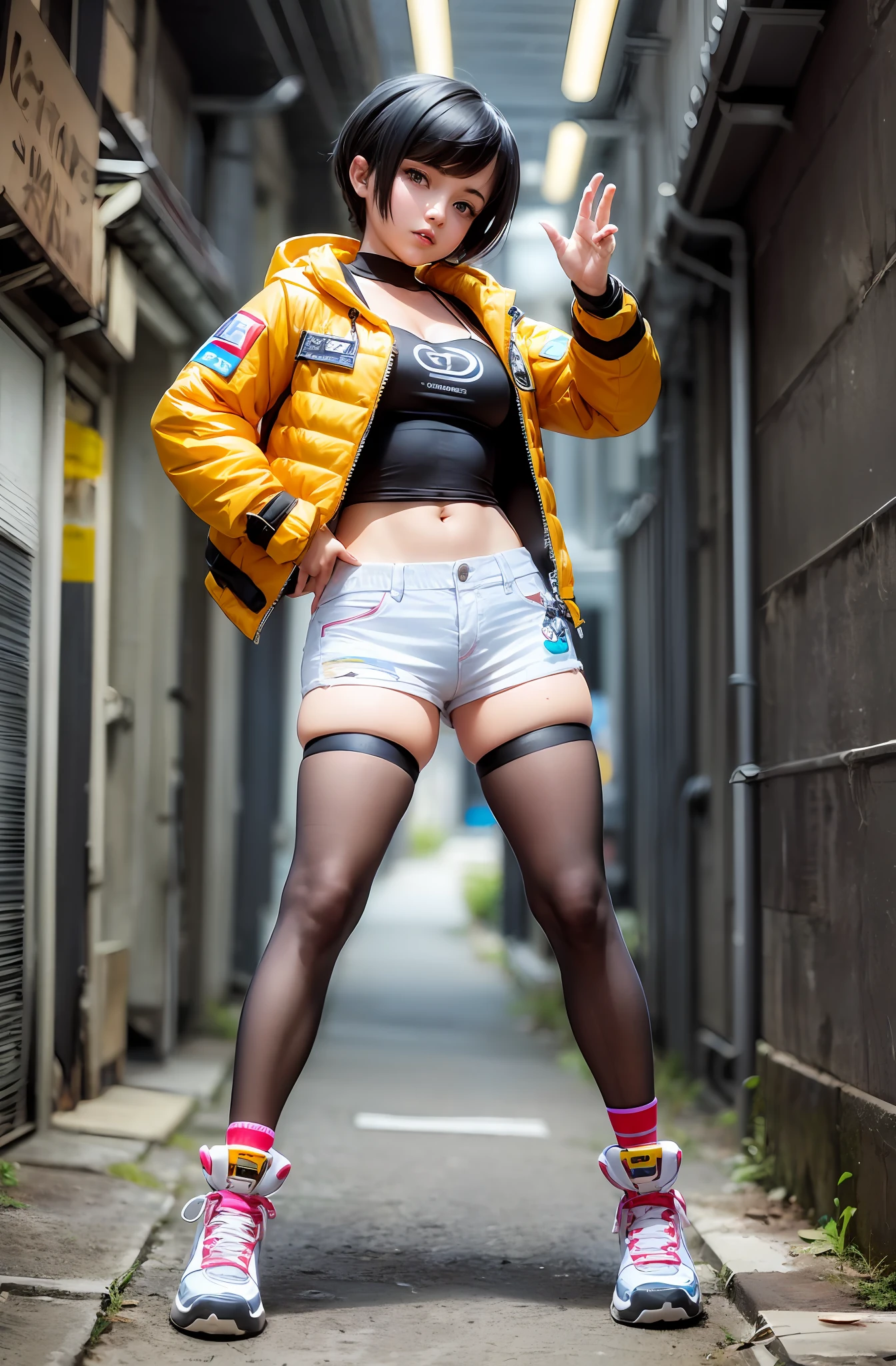 (masterpiece, best quality, high quality, highres, ultra-detailed), dynamic pose,full body, mundane Renderman, Tropical Puerto Rican ,cyber style girl, 1girl, short hair, solo, Oracle, wearing Energizing Plastic Harrington jacket, Hopeful, volumetric lighting, (art by Alberto Dros:1.2), --auto --s2