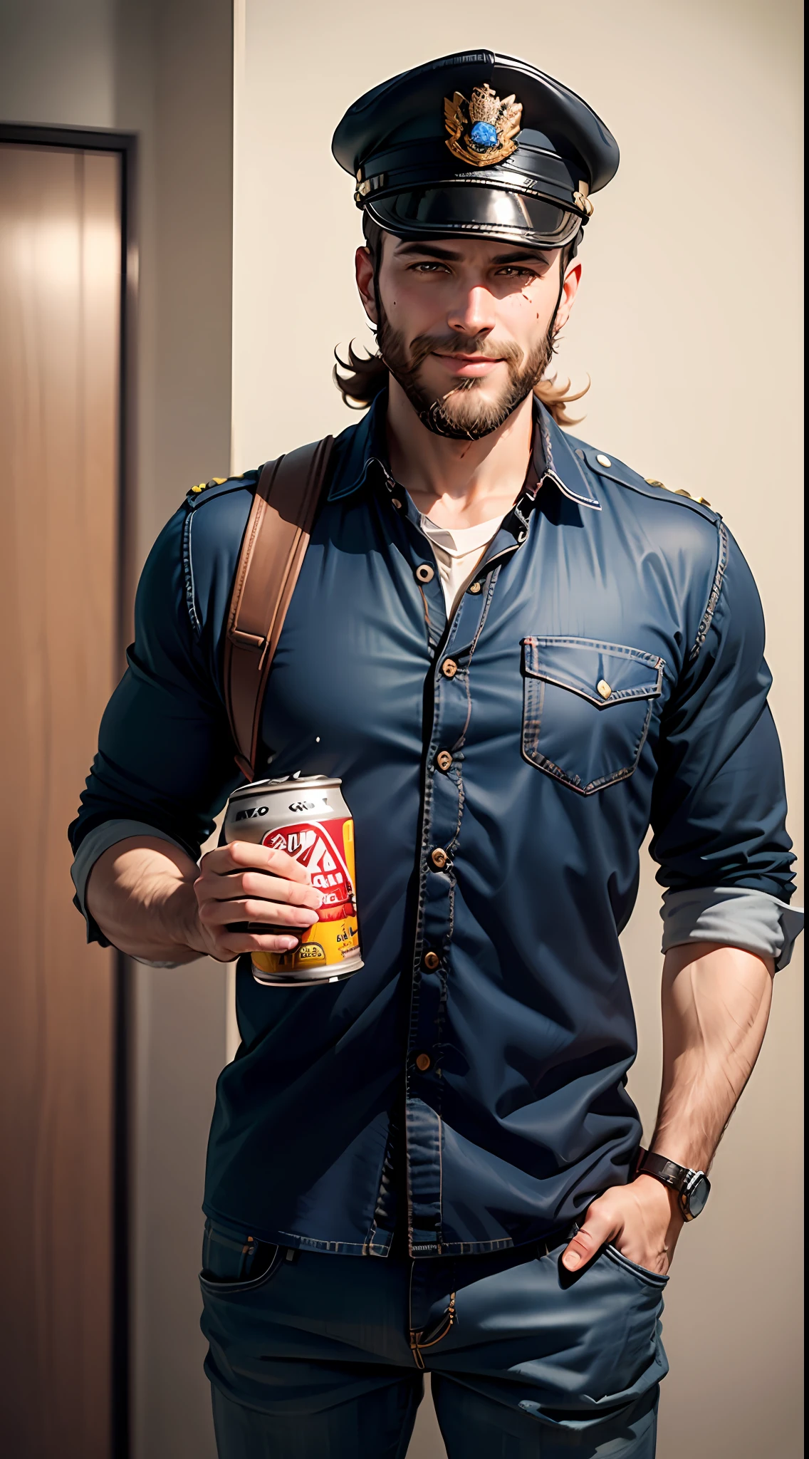 Best quality, realistic, award-winning illustration, (complicated detail: 1.2), (fine detail), (complicated detail), (cinematic lights, best quality), sharp lines, sharp focus, official art, 16k, on a white background, (A man with a smiling face: 1.3), a playful young boss, there is a man with beard, (military hair shortcut-beard: 1.3), smiling look, no beard and mustache, about 35 years, (38 years), men of 45 years, (short goatee: 1.3), (face with fine details of wrinkles: 1.2), (details of the aged face: 1.2), (without beard: 1.3), pronounced masculine feature, flirting with the camera. wearing black blue uniform with black, wearing cap, black cap and blue details, wearing jeans, man posing for a photo, holding a huge can of creamy dulce de leche, dulce de leche pouring, splattering dulce de leche, explosion dulce de leche, all-white background, headshot profile picture, posing for a photo.