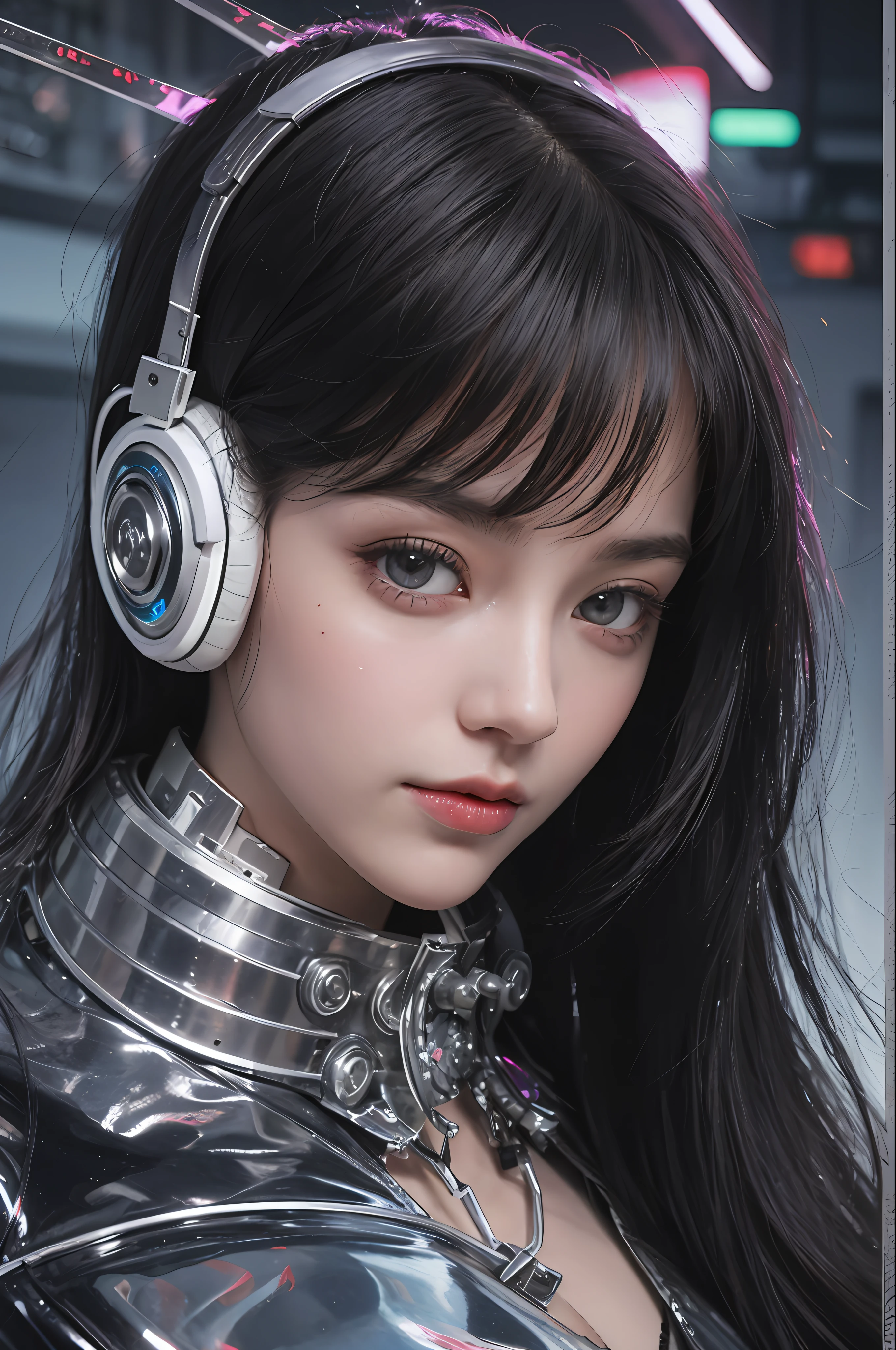 Top Quality, Masterpiece, Ultra High Resolution, (Photorealistic: 1.4), Raw Photo, 1 Girl, Black Hair, Glossy Skin, 1 Mechanical Girl, (Ultra Realistic Detail)), Portrait, Global Illumination, Shadows, Octane Rendering, 8K, Ultra Sharp, Big, Cleavage Exposed Raw Skin, Metal, Intricate Ornament Details, Headset, Hydraulic cylinder, very intricate details, realistic light, CGSoation trend, purple eyes, glowing eyes, facing the camera, neon details, mechanical limbs, blood vessels connected to the tube, mechanical vertebrae attached to the back, mechanical cervical attachment to the neck, sitting, wires and cables connecting to the head, evangelion, cyberpunk, small LED lamp, The background is the landscape of Tokyo 100 years from now, futuristic skyscrapers, flying cars flying around, mechanical airships