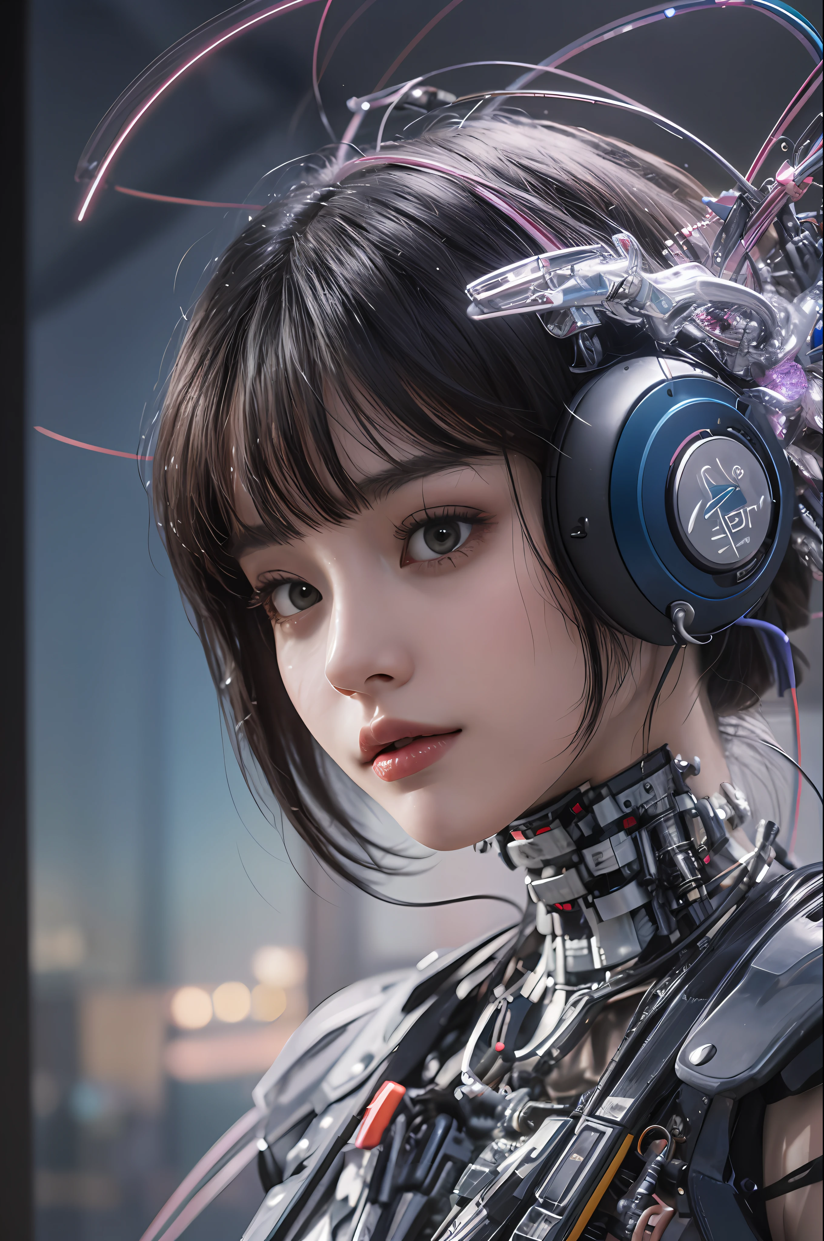 Top Quality, Masterpiece, Ultra High Resolution, (Photorealistic: 1.4), Raw Photo, 1 Girl, Black Hair, Glossy Skin, 1 Mechanical Girl, (Ultra Realistic Detail)), Portrait, Global Illumination, Shadows, Octane Rendering, 8K, Ultra Sharp, Big, Cleavage Exposed Raw Skin, Metal, Intricate Ornament Details, Headset, Hydraulic cylinder, very intricate details, realistic light, CGSoation trend, purple eyes, glowing eyes, facing the camera, neon details, mechanical limbs, blood vessels connected to the tube, mechanical vertebrae attached to the back, mechanical cervical attachment to the neck, sitting, wires and cables connecting to the head, evangelion, cyberpunk, small LED lamp, The background is the landscape of Tokyo 100 years from now, futuristic skyscrapers, flying cars flying around, mechanical airships