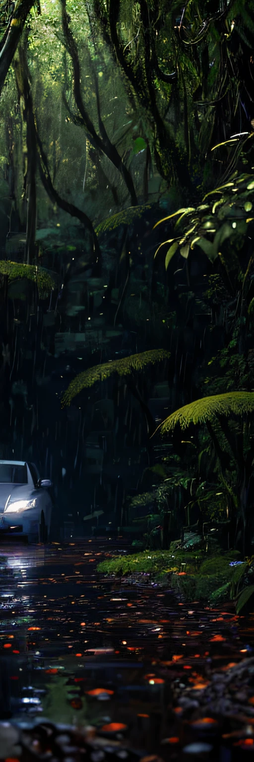 night, city of water, submerged city of Kyoto, Kyomachiya, mansion of Japan residence, Kyoto of Japan, city of Kyoto integrated with forest, decadent and devastated Kyoto, city of Kyoto flooded and covered with forest trees, Japan wooden architecture surrounded by moss and trees, RAW photos of landscapes, detail, photorealistic, ultra-realistic photos, 8k UHD, DSLR, soft lighting, high quality, film grain, Fujifilm XT3, (Masterpiece), Human POV, Human Eye Level, Jungle, Intense Rainfall, Monochromatic, Vines Everywhere, Huge and Wet Trees, Masterpiece, Top Quality, Very Elaborate CG Unity 8K Wallpaper, Oil Painting, Award-Winning Photography, Bokeh, Depth of Field, HDR, Bloom, Chromatic Aberration, Photorealistic, Very Detail, Art Station, CGSociety trend, complexity, high detail, dramatic, art-by-mid-journey, volumetric lighting